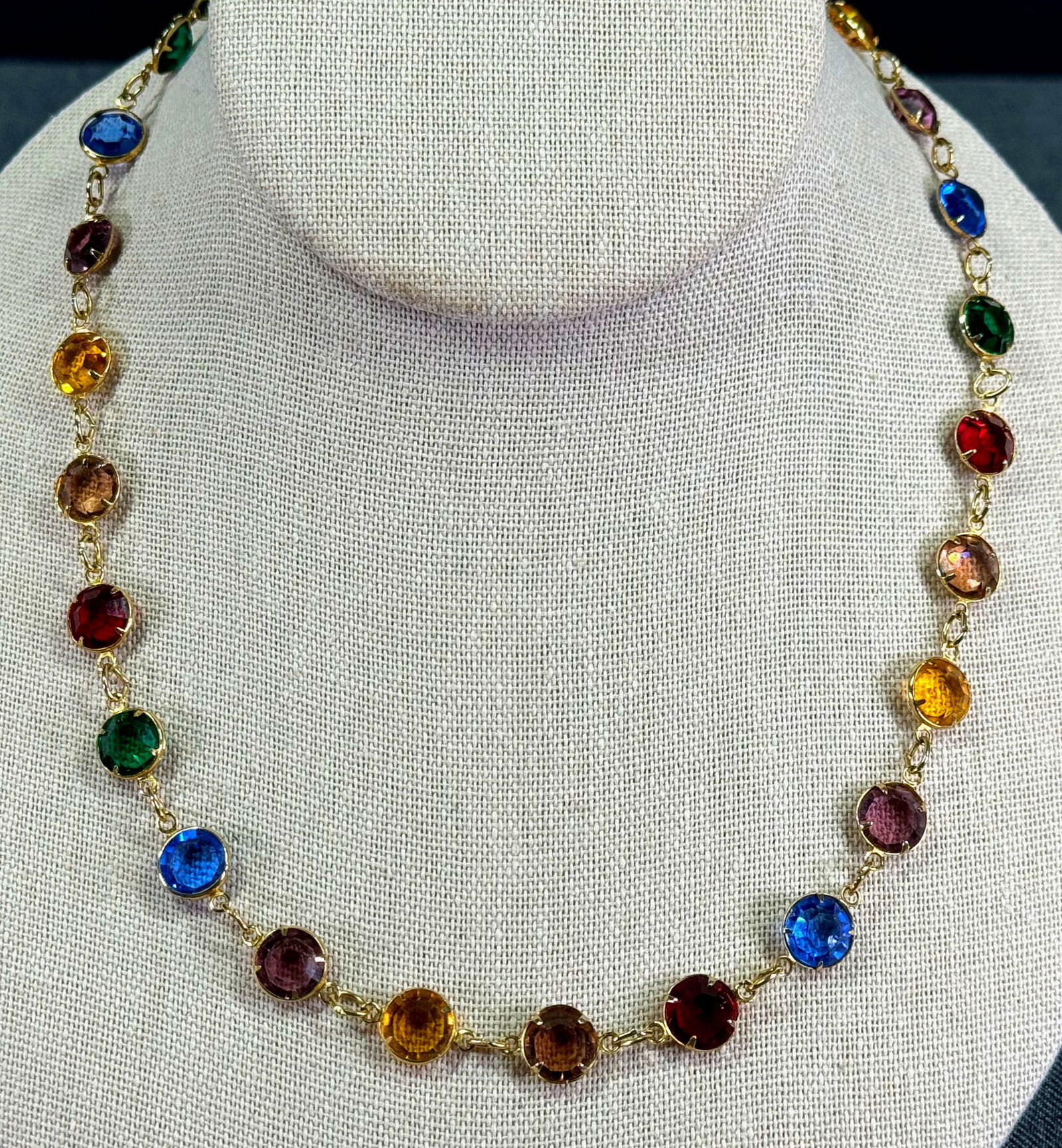 Vintage Swarovski style multicolor crystal bezel set goldtone metal chain necklace (1 of 11)