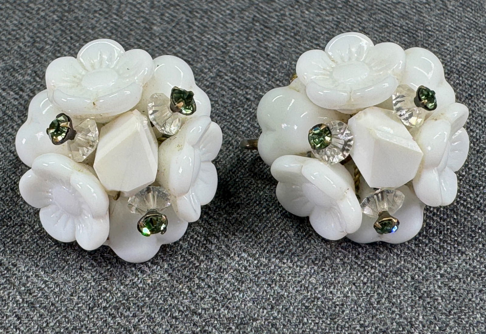Vintage Haskell style milk glass flowers beads & crystals filigree goltone metal clip earrings (1 of 6)