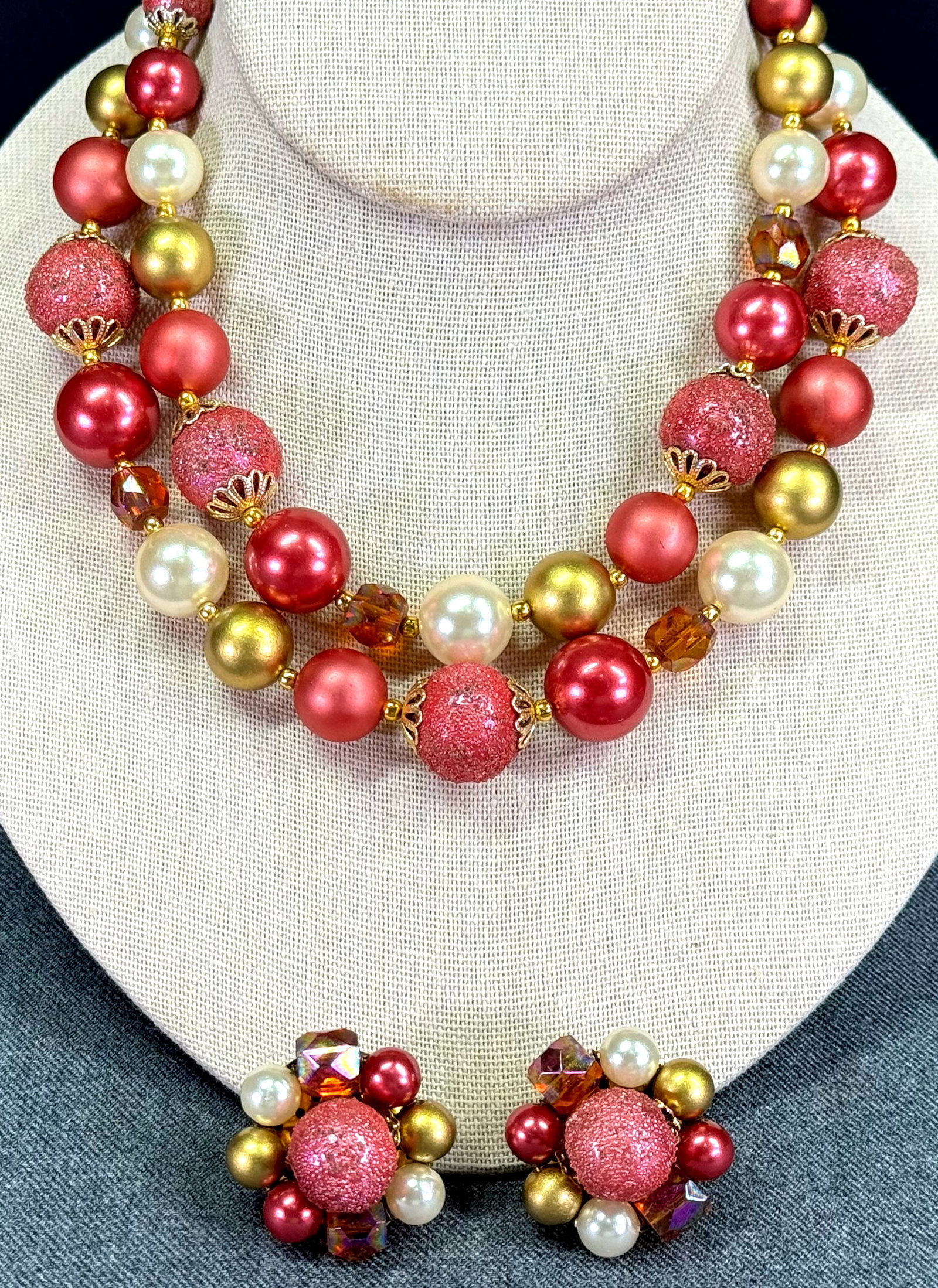 Vintage Japanese sugar, pearly & AB crystals beaded collar necklace & clip earrings: Vintage Japanese sugar, pearly & AB crystals beaded collar necklace & goldtone metal clip earrings. Marked Japan on clasp & on clip. For measures please refer to the pictures taken with a measuring ta