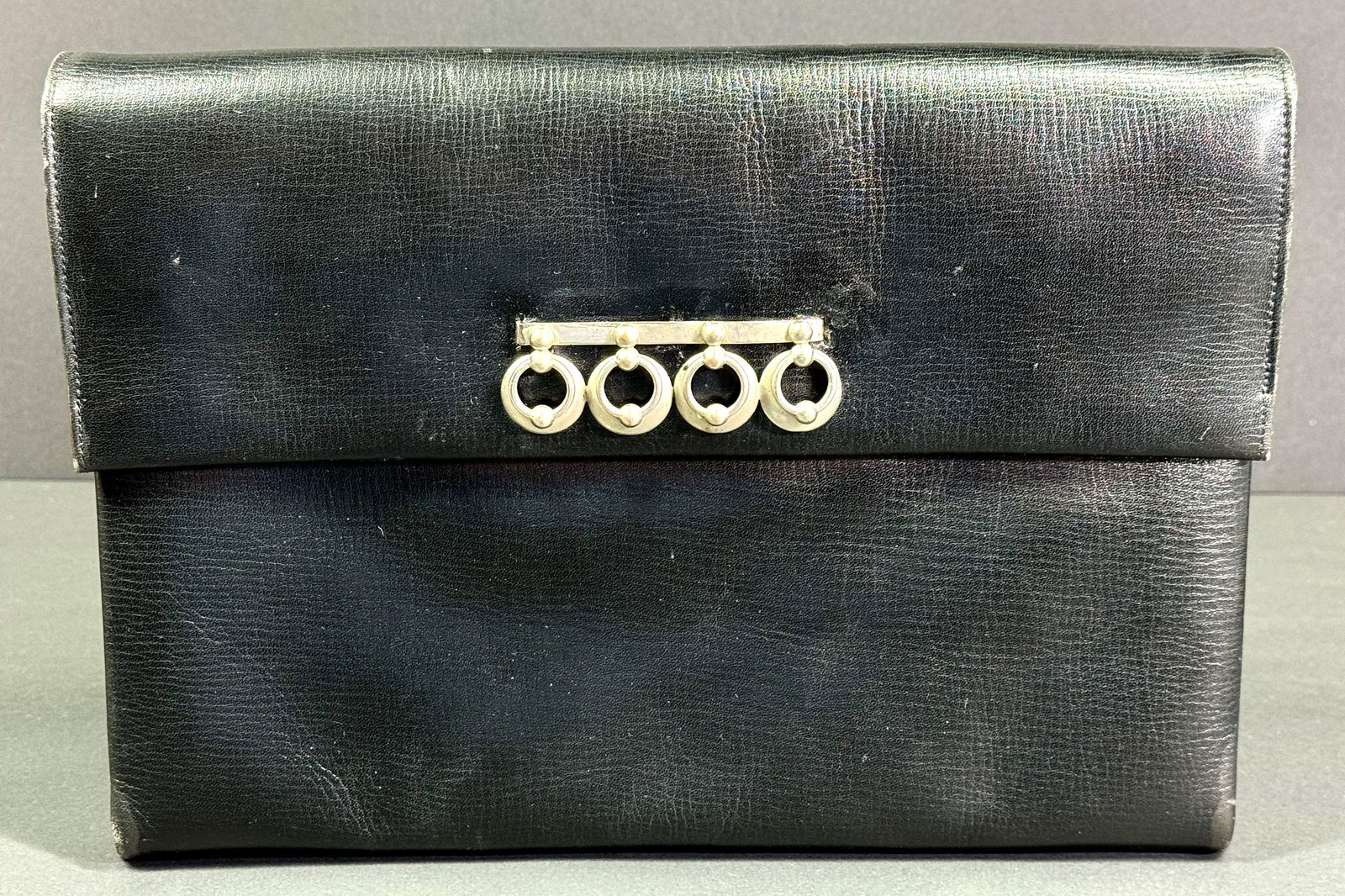 Vintage art deco silvertone metal ornate genuine black leather clutch purse. (1 of 11)