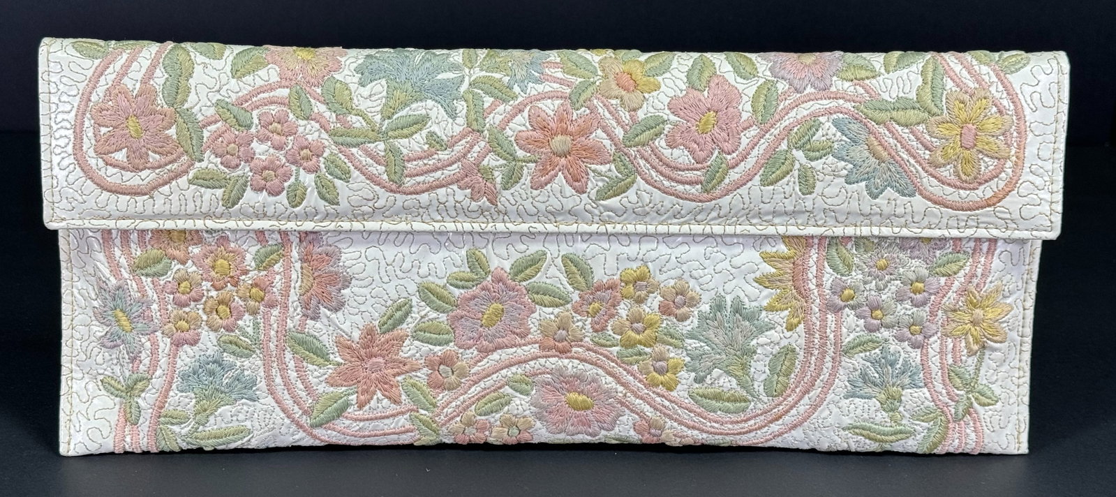 Vintage Original Zita Rio embroidery flowers & leaves creamy vinyl clutch purse.: Vintage Original Zita Rio embroidery flowers & leaves creamy vinyl clutch purse. Rose satin interior with 2 pockets and a miniature powder purse . Snap clasps. For measures please refer to the picture