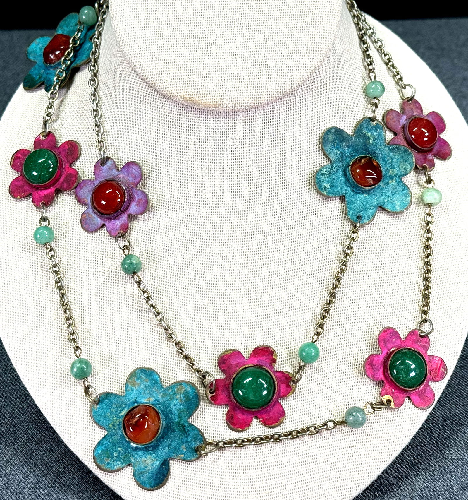 Vintage hippie boho agate & glass cabs enamel metal flowers chain necklace (1 of 9)