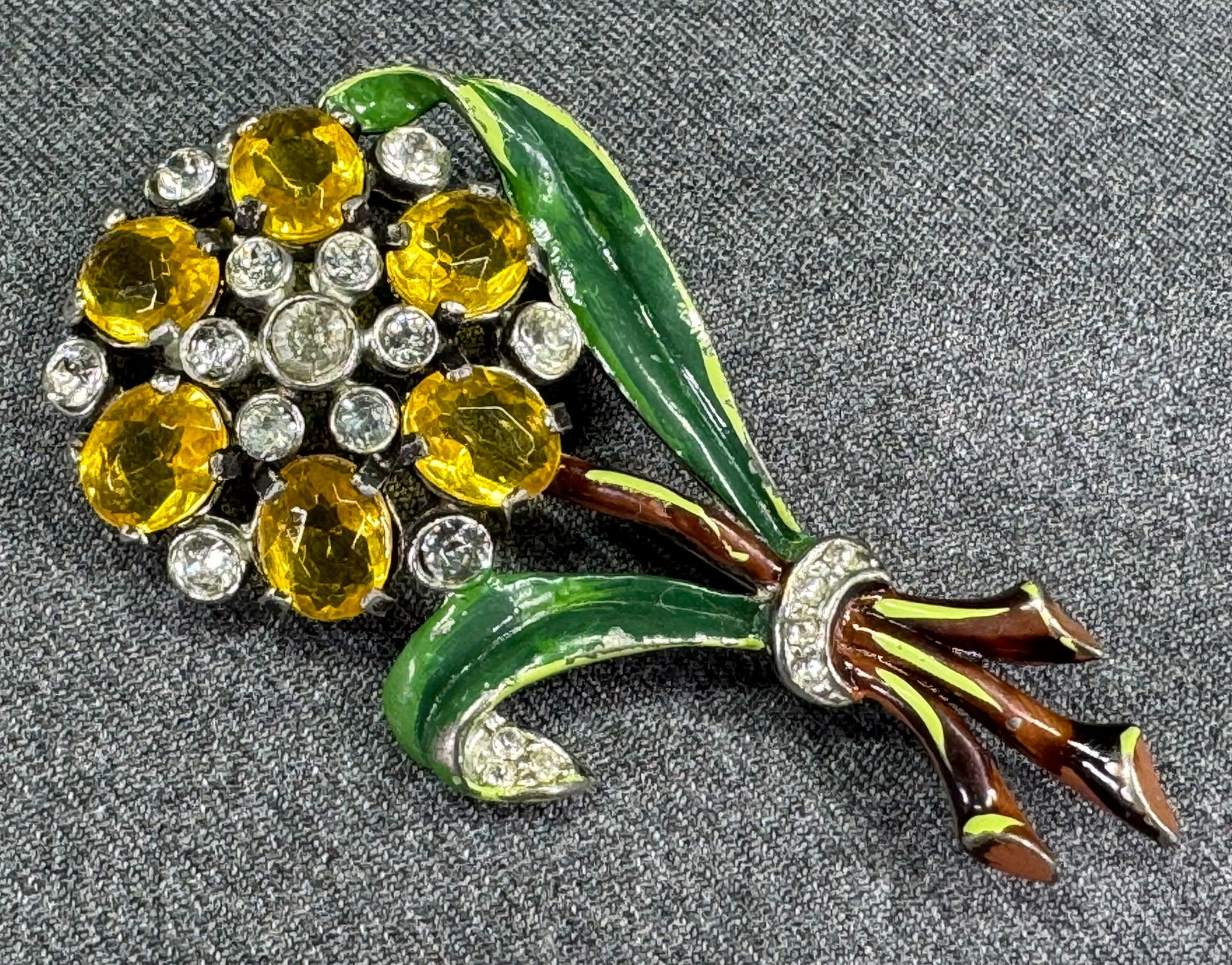 Antique open back crystals & clear rhinestones enamel silvertone metal flower pin brooch (1 of 8)