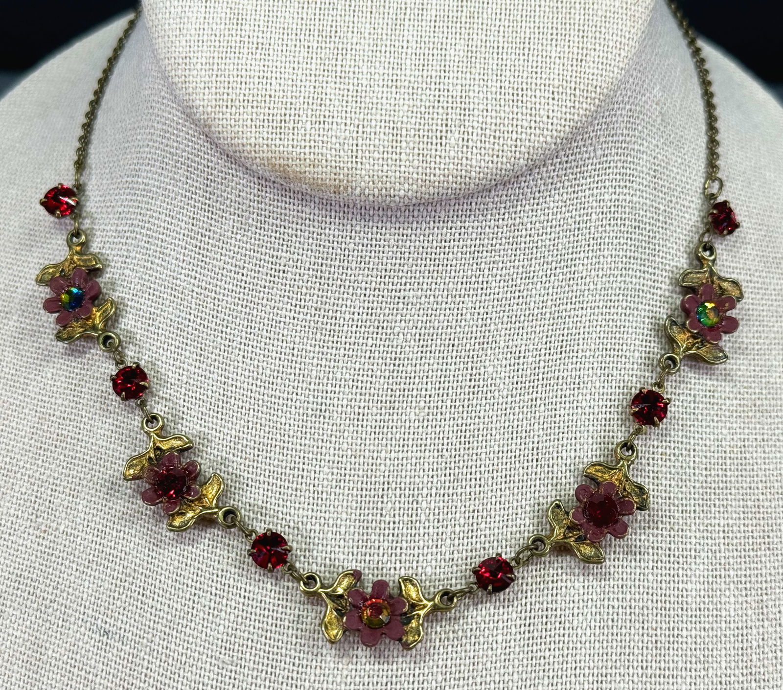 Michal Negrin AB and ruby-red crystals enamel goldtone metal flowers collar necklace. (1 of 10)