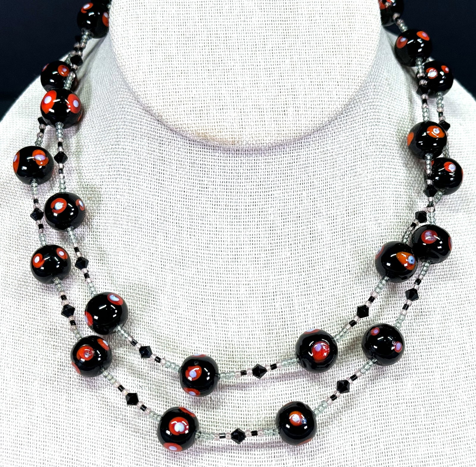 Artsy dotted rounded & seed glass and faceted black crystal beaded necklace. (1 of 7)