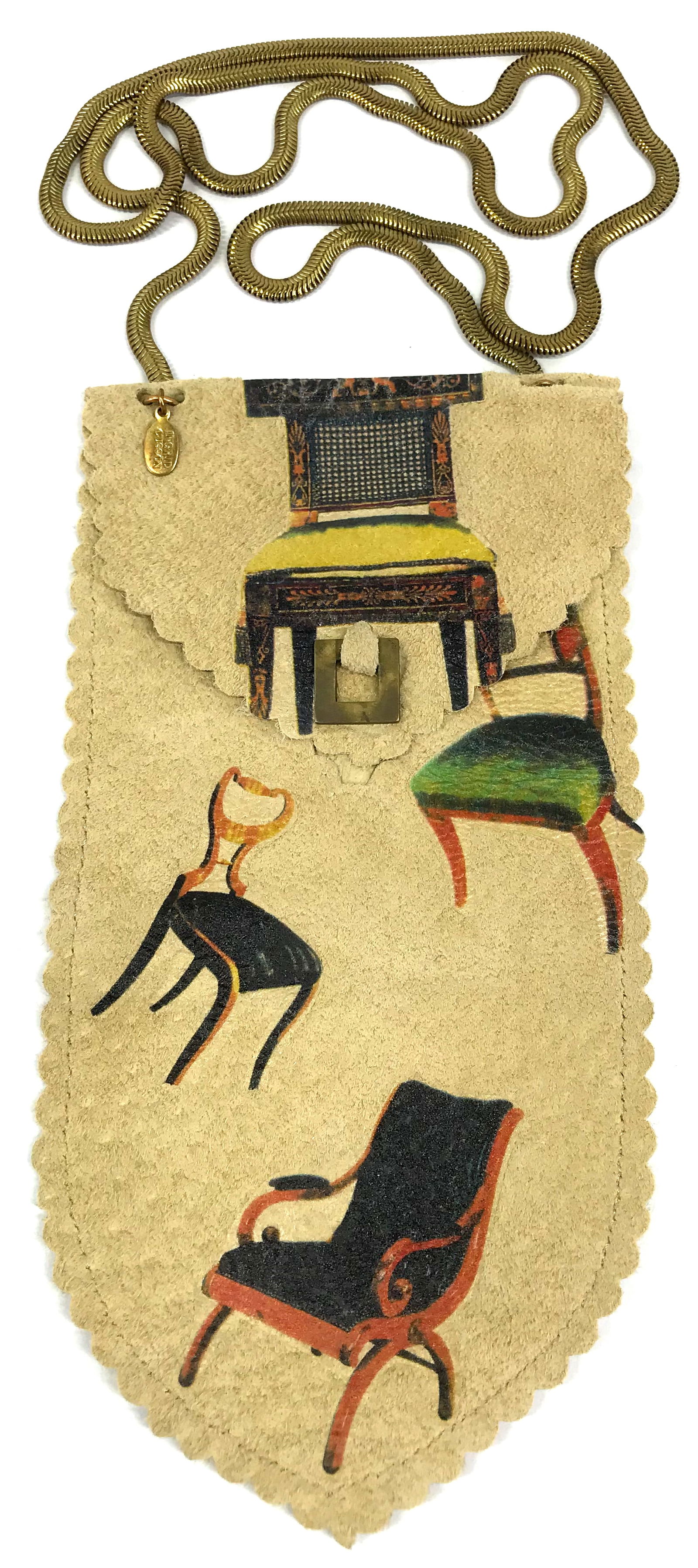 Ingrid Cusson Printed Chairs Suede Pouch Chain Necklace: Vintage Ingrid Cusson Printed Chairs Suede Pouch Snake Chain Goldtoned Metal Strap Necklace. Metal Label. For measures please refer to the picture taken with a measuring tape. Weight: 36 Grams. This i