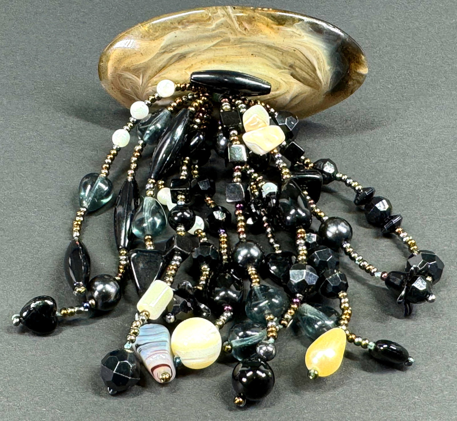 Vintage marbled plastic with glass pearls & stones beaded fringe large pin brooch. (1 of 7)