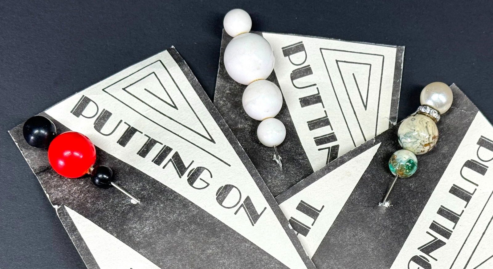 Vintage marbled greenish, rhinestones & pearly, red and white plastic beads hatpins hat pins in card (1 of 9)