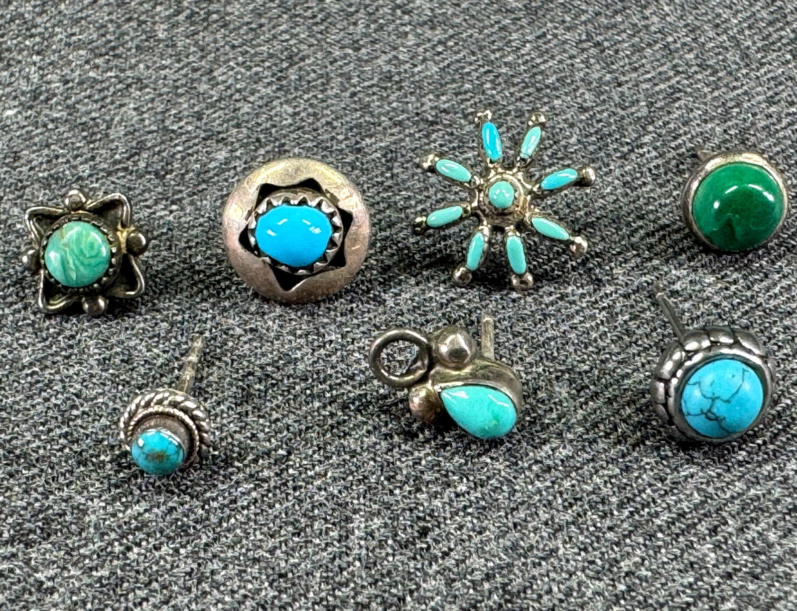 Vintage Native American assorted turquoise sterling silver single stud earrings. Lot of 7 (1 of 10)