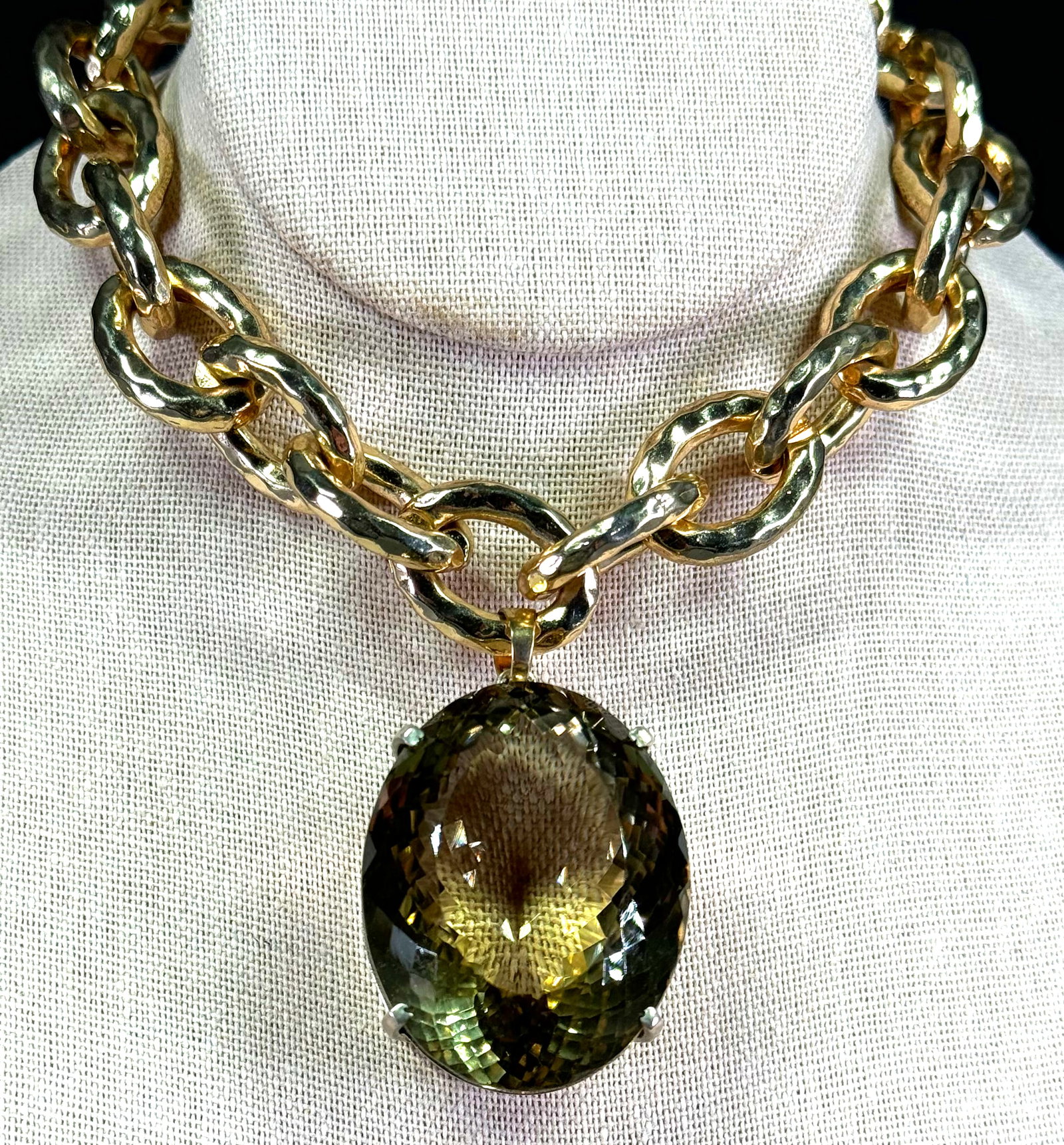 Vintage gilt sterling faceted smoky yellow quartz big pendant with goldtone metal chain necklace: Vintage gilt sterling faceted smoky yellow quartz big pendant with goldtone metal chain necklace. The bail of the pendant is marked C*C,( C, a Star and C). Unmarked for sterling. The chain is unmarked