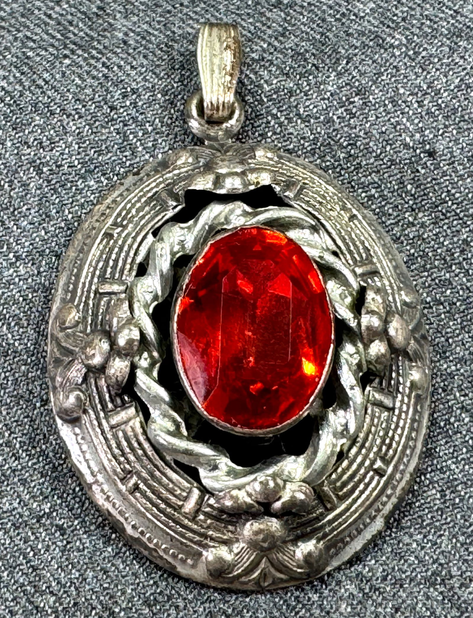 Antique faceted red crystal filigree sterling silver medallion pendant (1 of 7)
