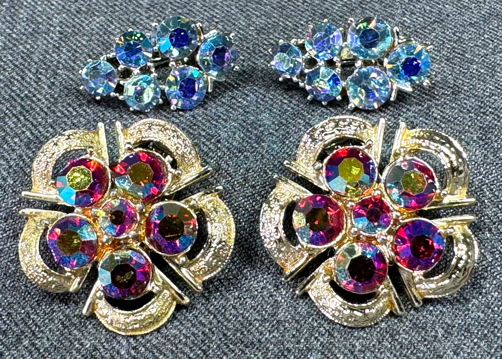 Vintage Coro AB crystals goldtone metal flower & silvertone leaf clip earrings.: Vintage Coro AB crystals goldtone metal flower & silvertone leaf clip earrings. Both Marked. For measures please refer to the pictures taken with a measuring tape. Weight: 27 Grams. This is a NO RESER