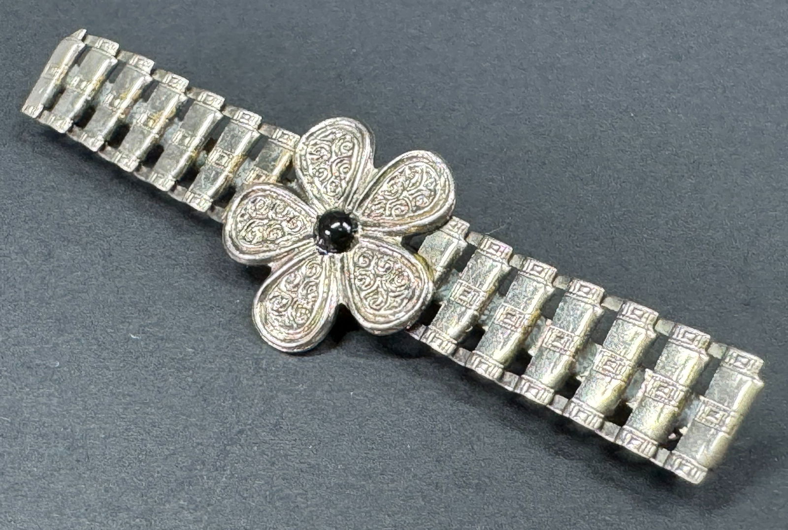 Vintage black enamel dot silvertone metal flower applique barrette pin brooch. (1 of 6)