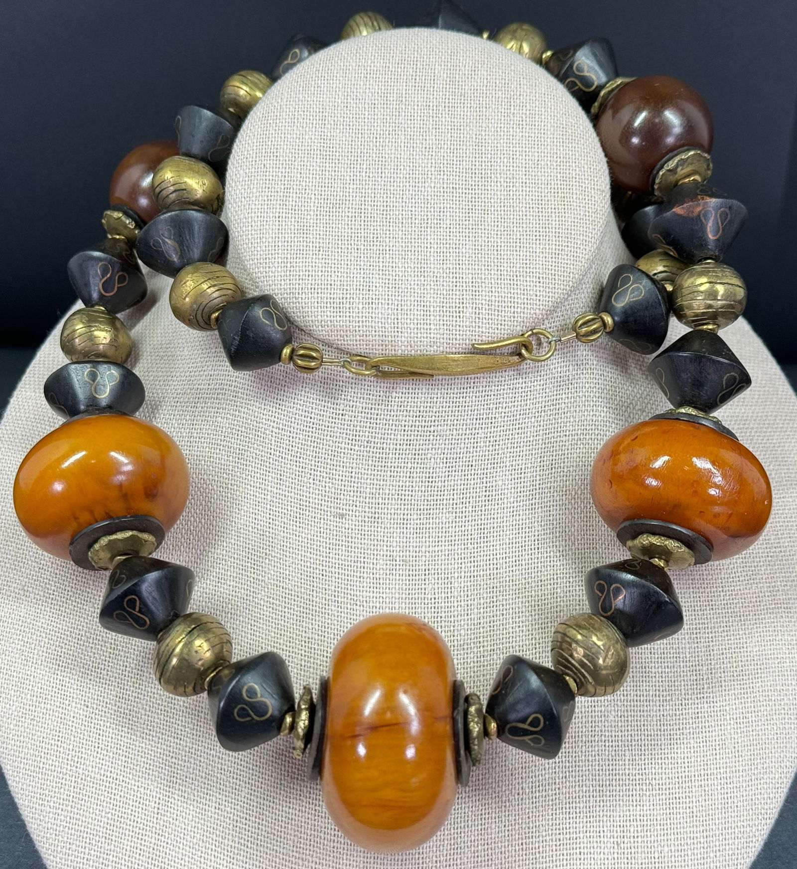 Vintage ethnic style resin, bronze, wood inlaid brass heavy beaded necklace. (1 of 13)