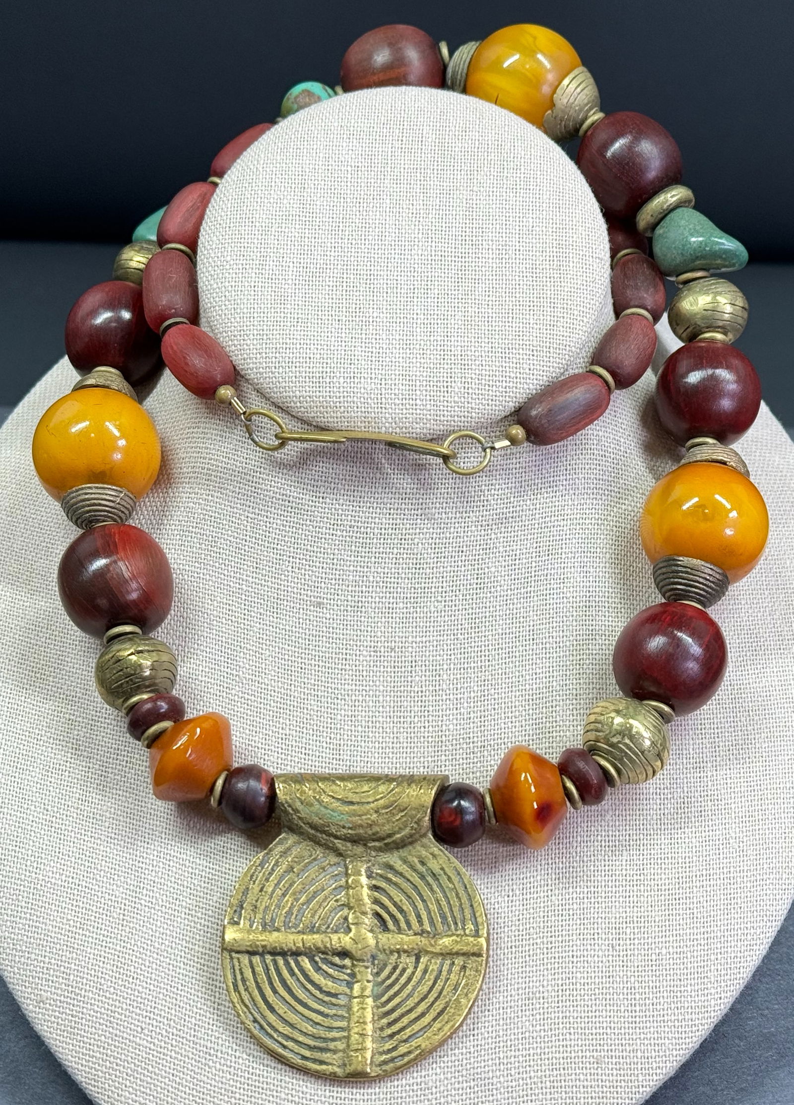 Vintage Baoule  style bronze pendant, stone, resin and horn beads heavy necklace. (1 of 12)