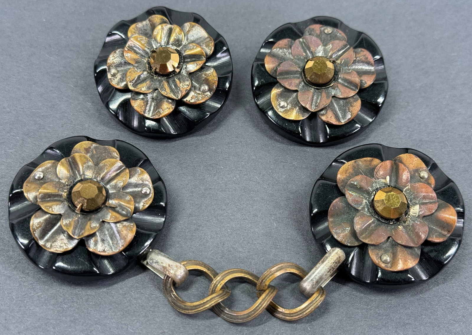 Vintage art deco faceted crystals goldtone metal carved black galalith flower cloak buckle  and 2 (1 of 8)
