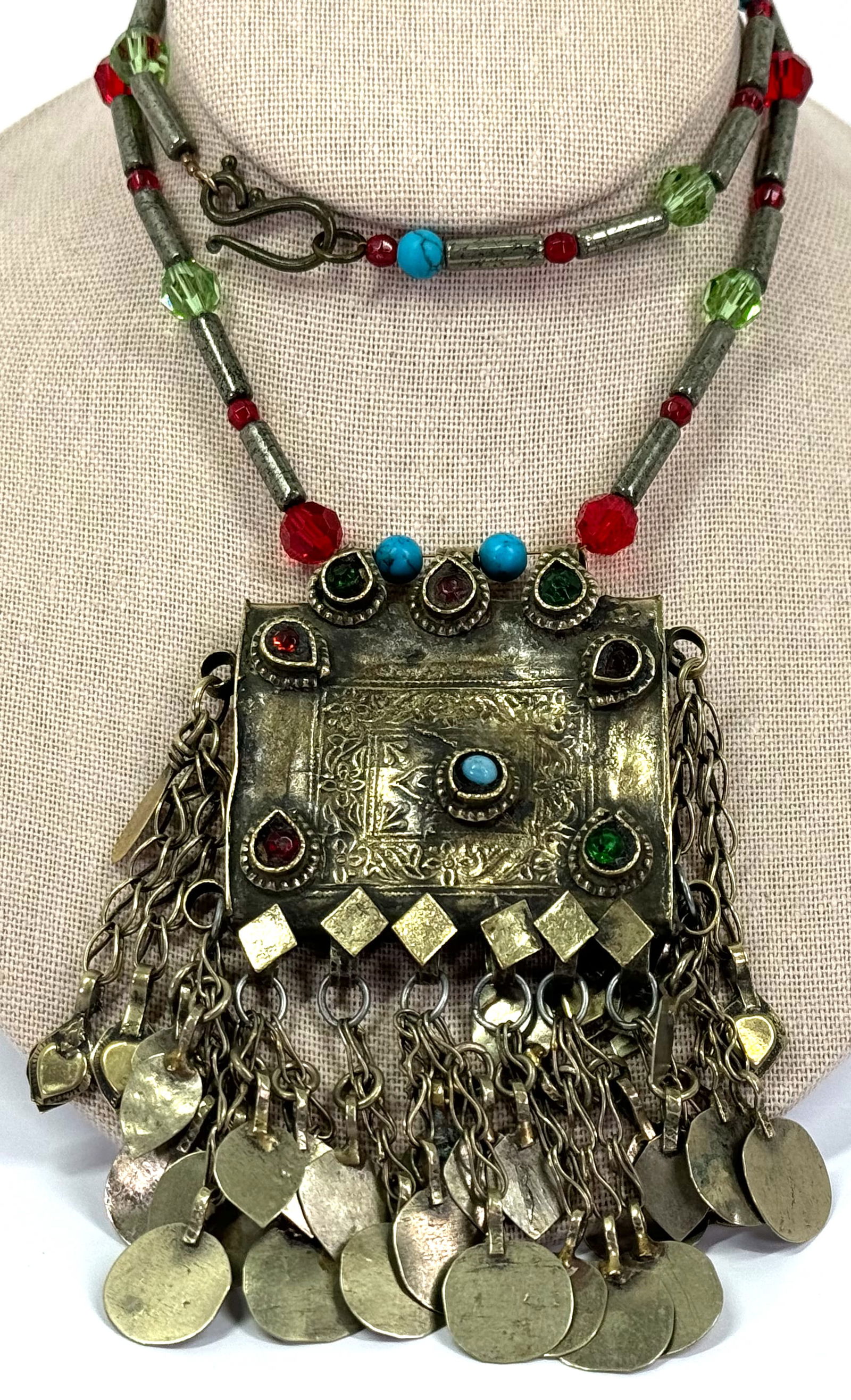Vintage ethnic tribal kuchi jeweled prayer box with dangles pendant beaded strap necklace. (1 of 12)