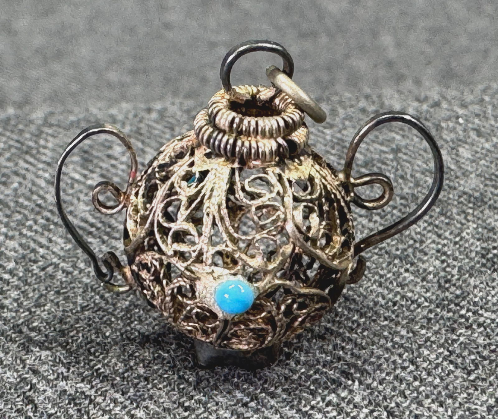 Vintage turquoise glass cabs filigree sterling silver lantern charm pendant (1 of 9)