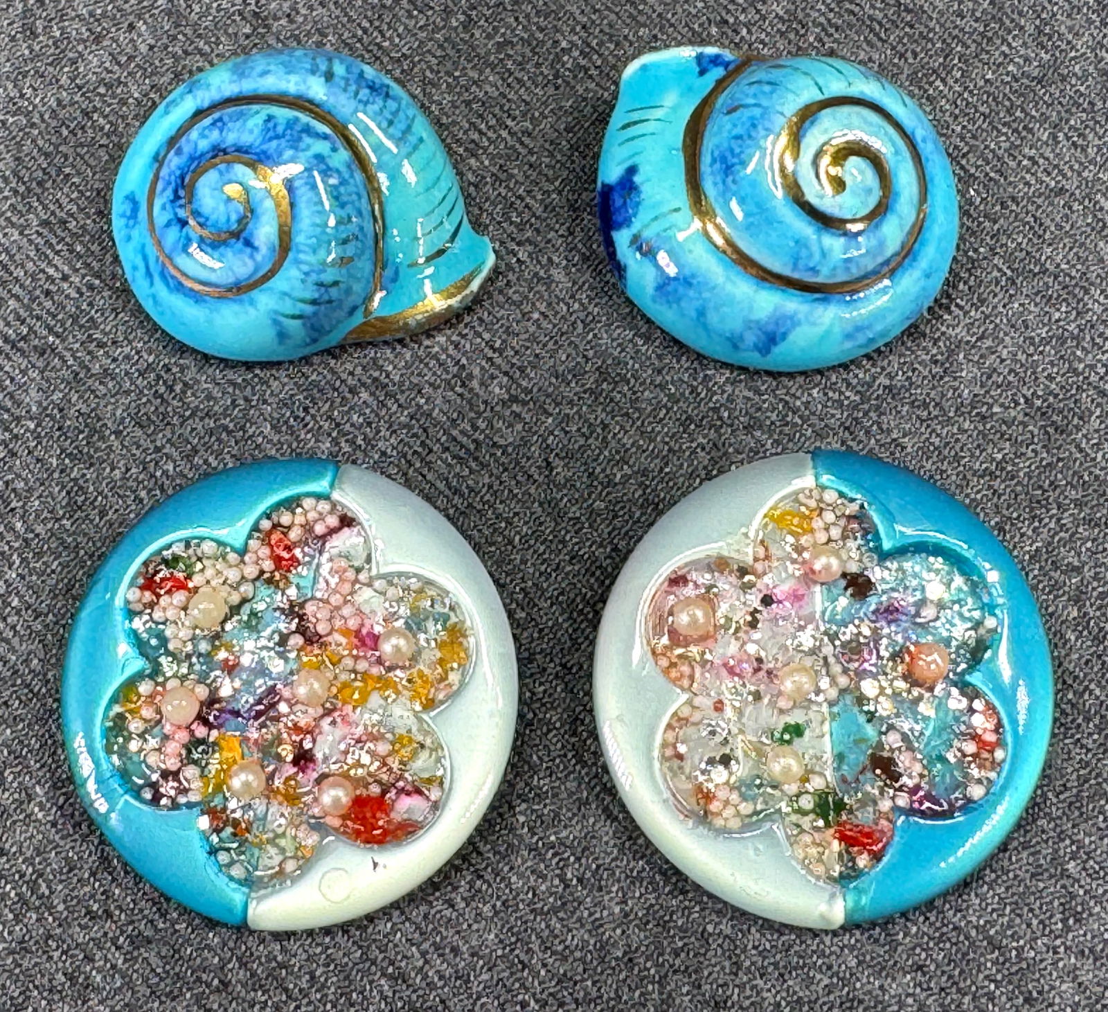 Vintage glittered pearly lucite rounded & Italian seashell pottery clip earrings (1 of 10)