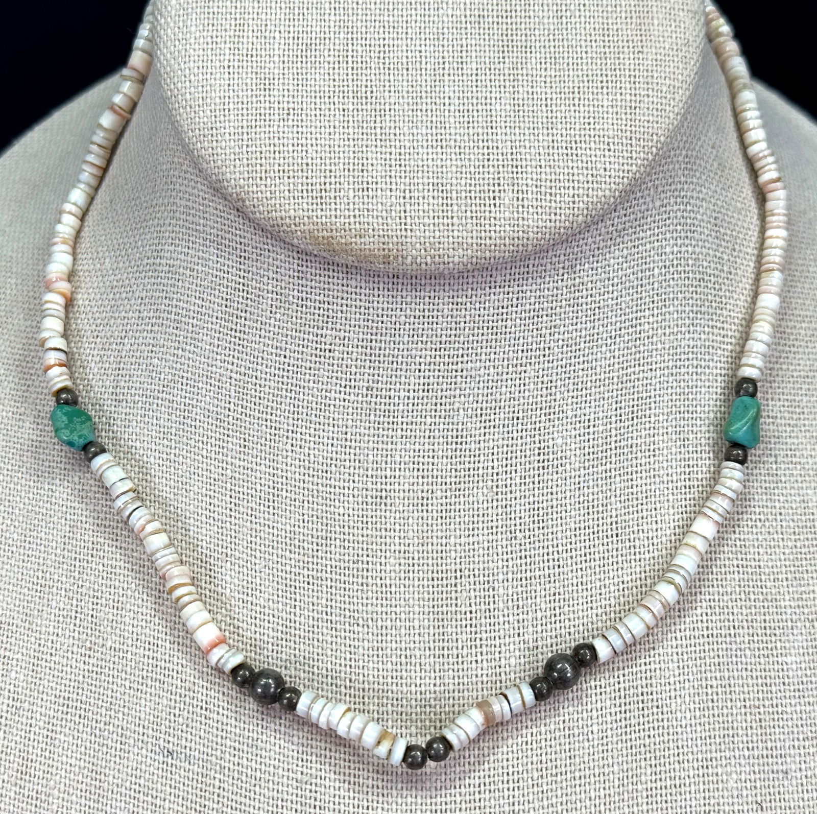 Vintage native American style stabilized turquoise, heishi shell & sterling beads choker necklace: Vintage native American style stabilized turquoise, heishi shell & sterling beads choker necklace. Unmarked. Silver plated clasp. For measures please refer to the pictures taken with a measuring tape.