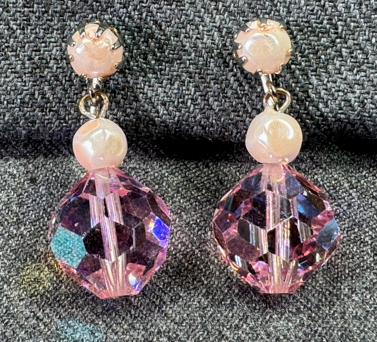 Vintage pearly beads faceted AB rose drop silver one Richellieu Laguna clip earrings: Vintage pearly beads faceted AB rose drop silver one Richellieu Laguna clip earrings. One earrings is marked richellieu and the other one Laguna, however they are exactly the same. For measures please