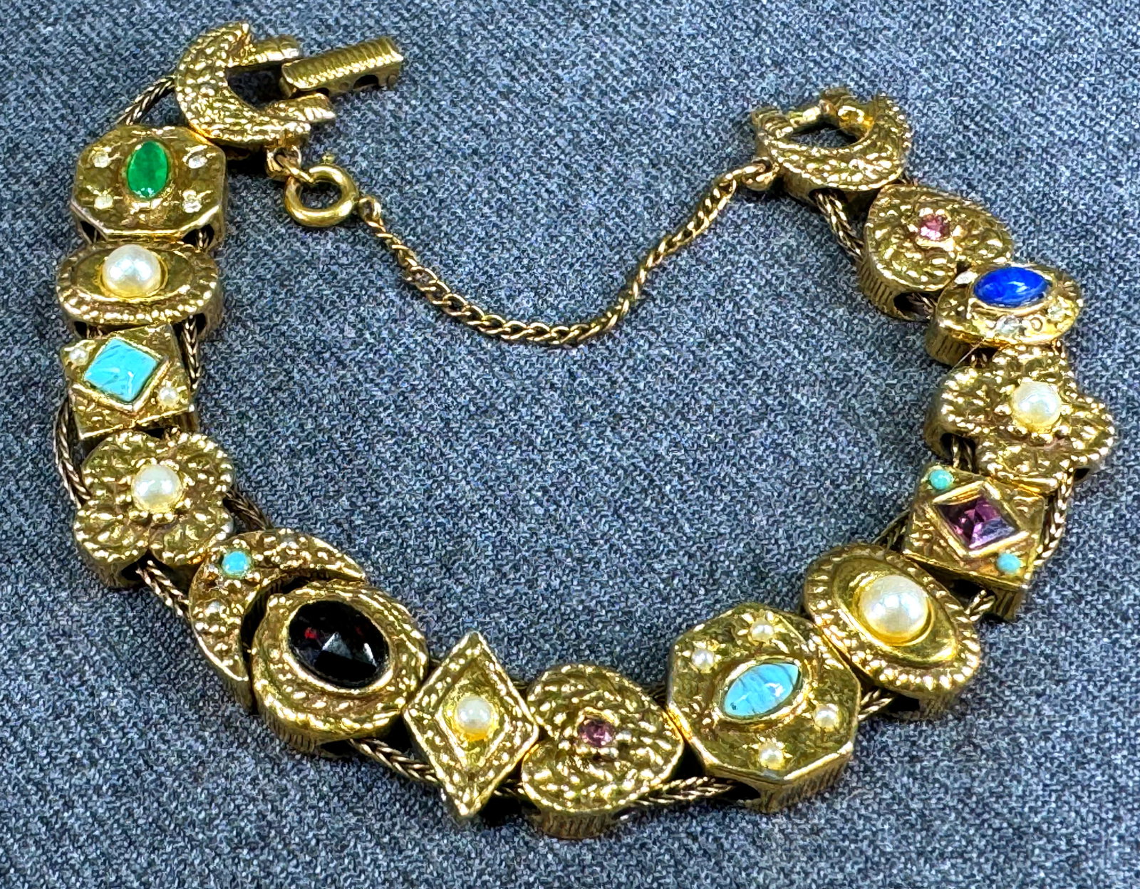 Vintage Goldette NY renaissance style jeweled goldtone charms on two slide chains bracelet (1 of 15)