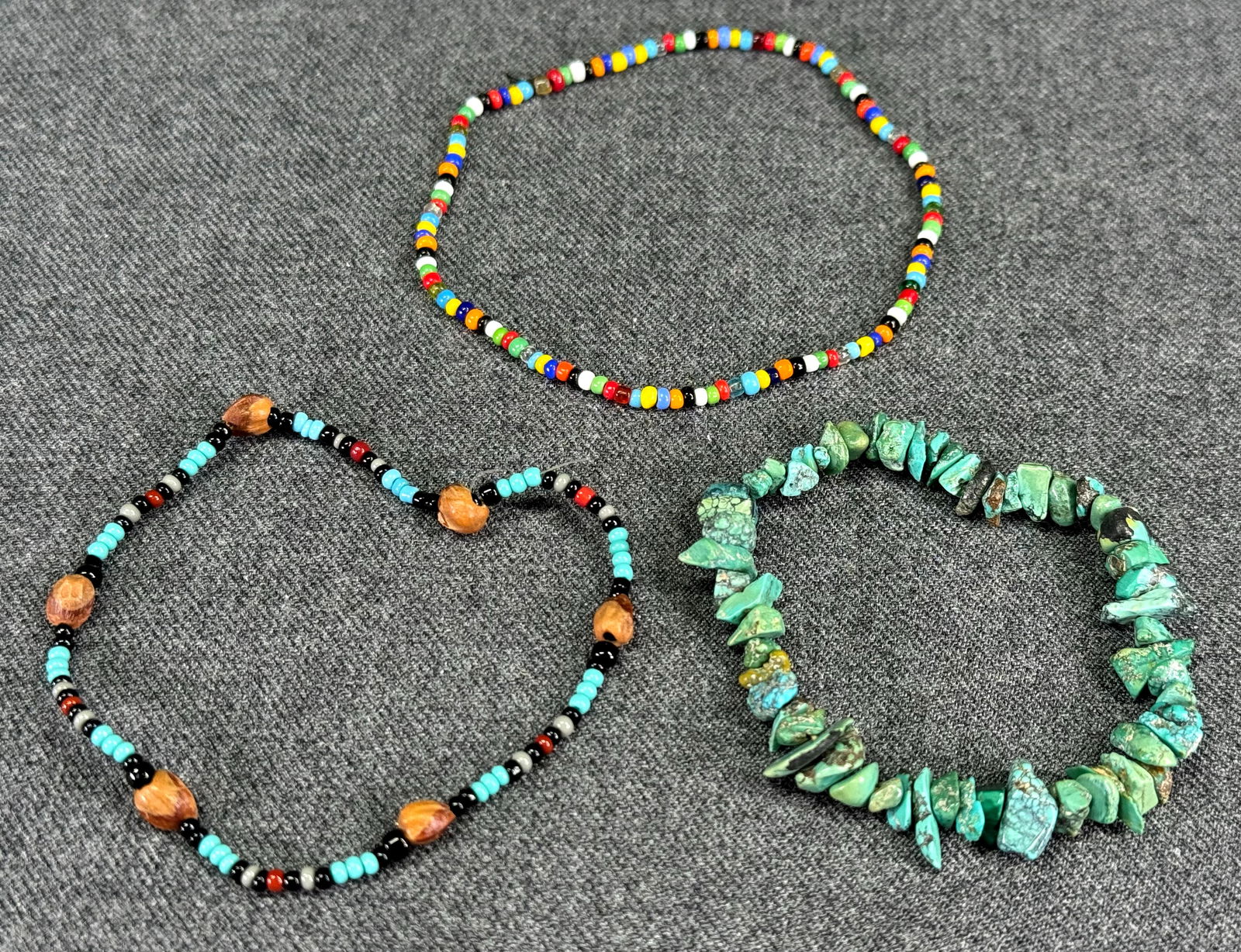 Vintage Southwestern turquoise nuggets, seed glass beads & Navajo ghost beaded bracelets (1 of 8)