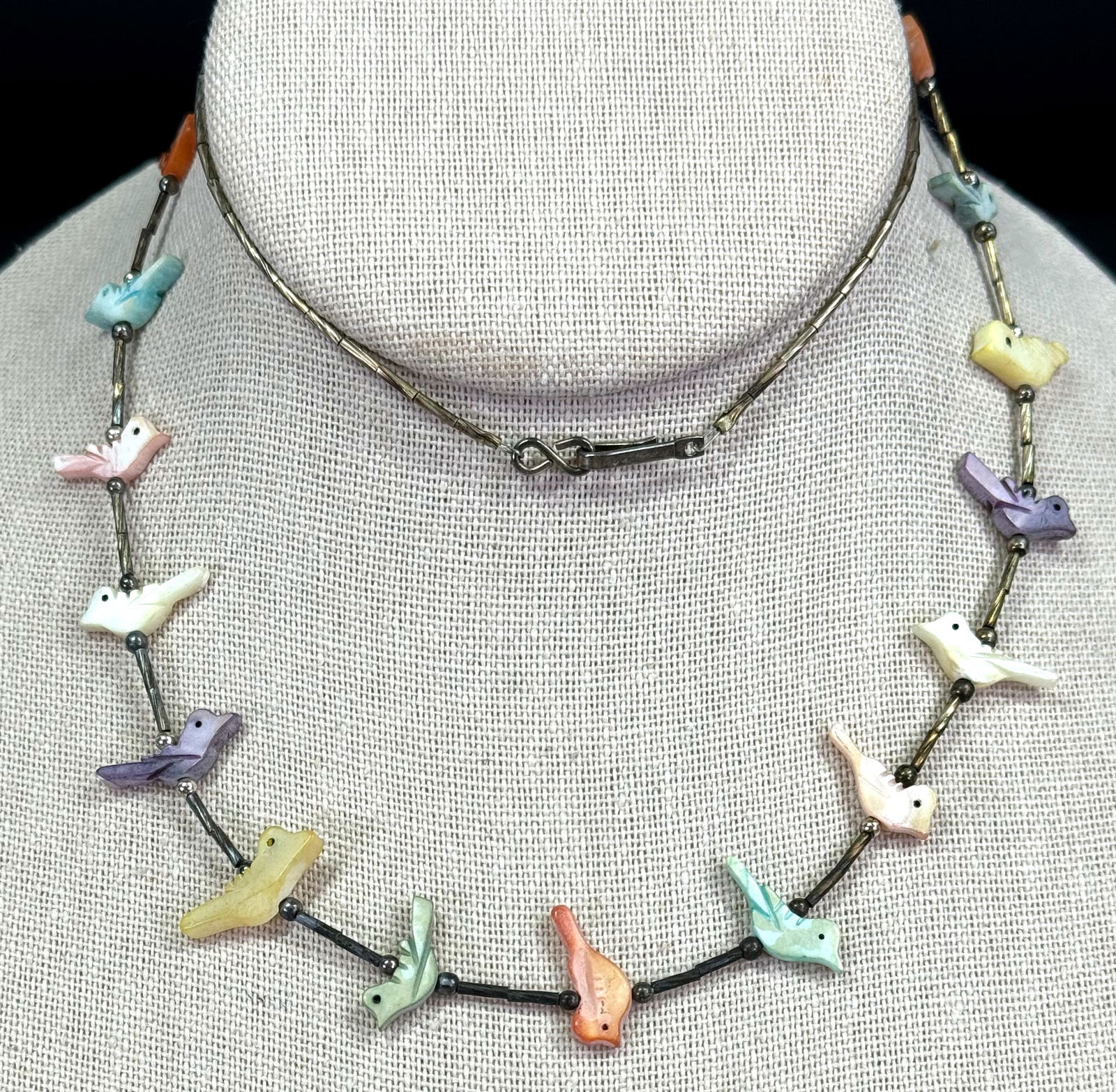 Vintage Multi Colored Mother Of Pearl Birds Liquid Silver Fetish Necklace. (1 of 10)