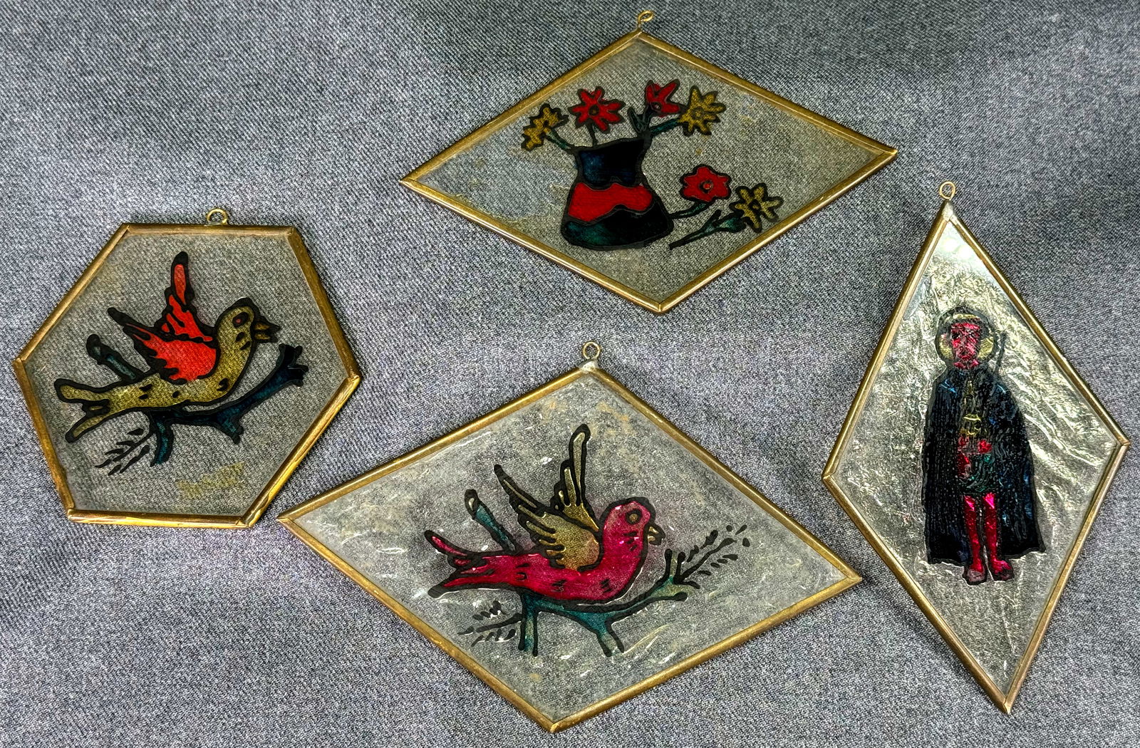 Vintage hand painted bird, flower & Saint Francis glass suncatchers. Lot of 4. (1 of 13)