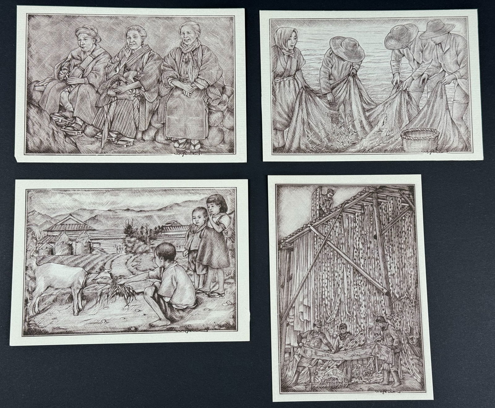 Vintage Japanese 50's Willy Seiler Art Postcards. Haul, Resting, The Farm, Dyeing Yukata. (1 of 11)