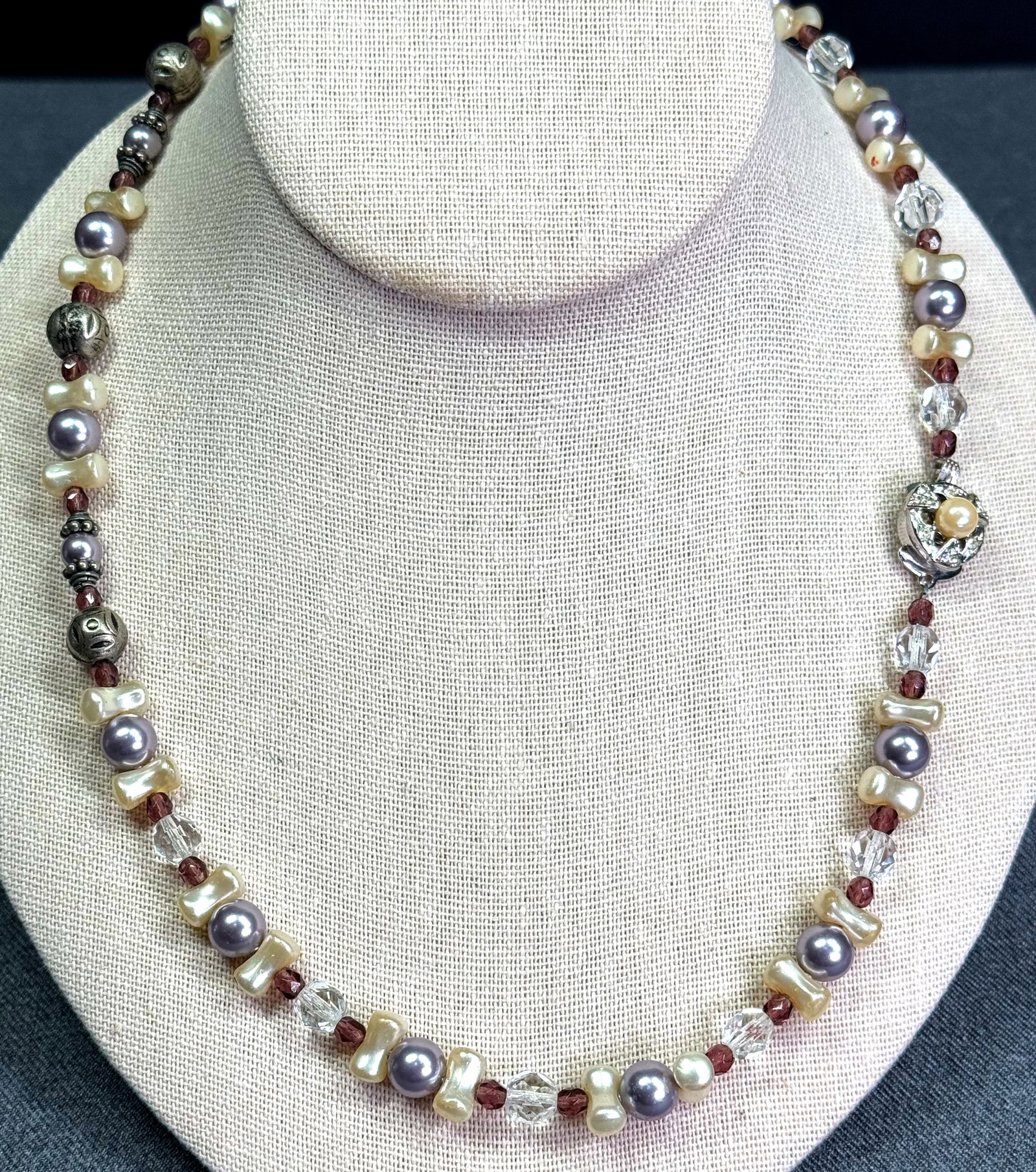 Vintage jeweled flower clasp, assorted pearly and faceted glass beads necklace (1 of 11)