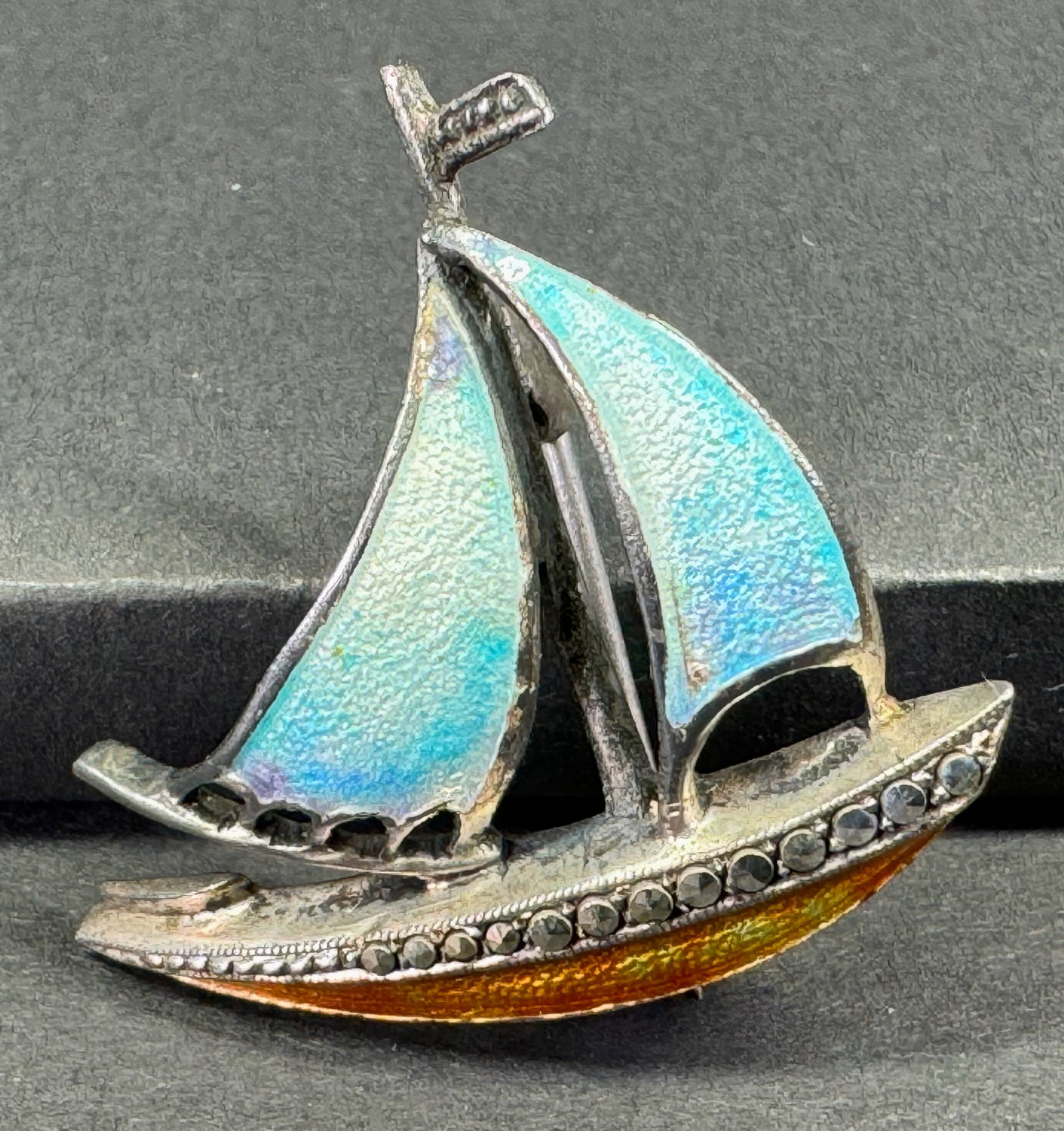 Vintage German Alice Caviness Style Enamel Sterling Silver Marcasite Sailboat Ship Pin Brooch. (1 of 9)