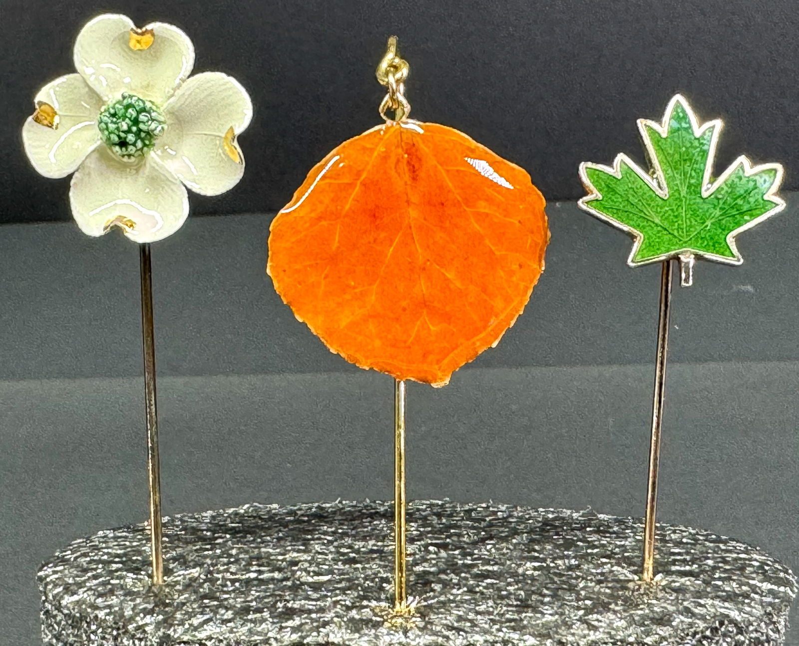 Vintage Marcelle pottery flower, dangle deep in resin real leaf and enamel maple leaf stick pins. (1 of 12)