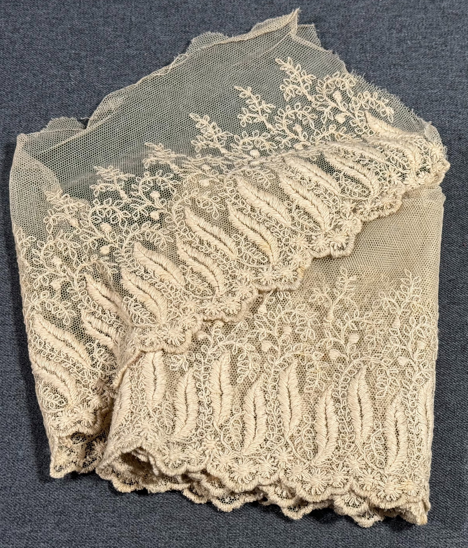 Antique 7 inches wide embroidery tulle lace trim . 65 inches long: Antique 7 inches wide embroidery tulle lace trim . 65 inches long. For measures please refer to the pictures taken with a measuring tape. This is a NO RESERVE AUCTION: there are no hidden or confident