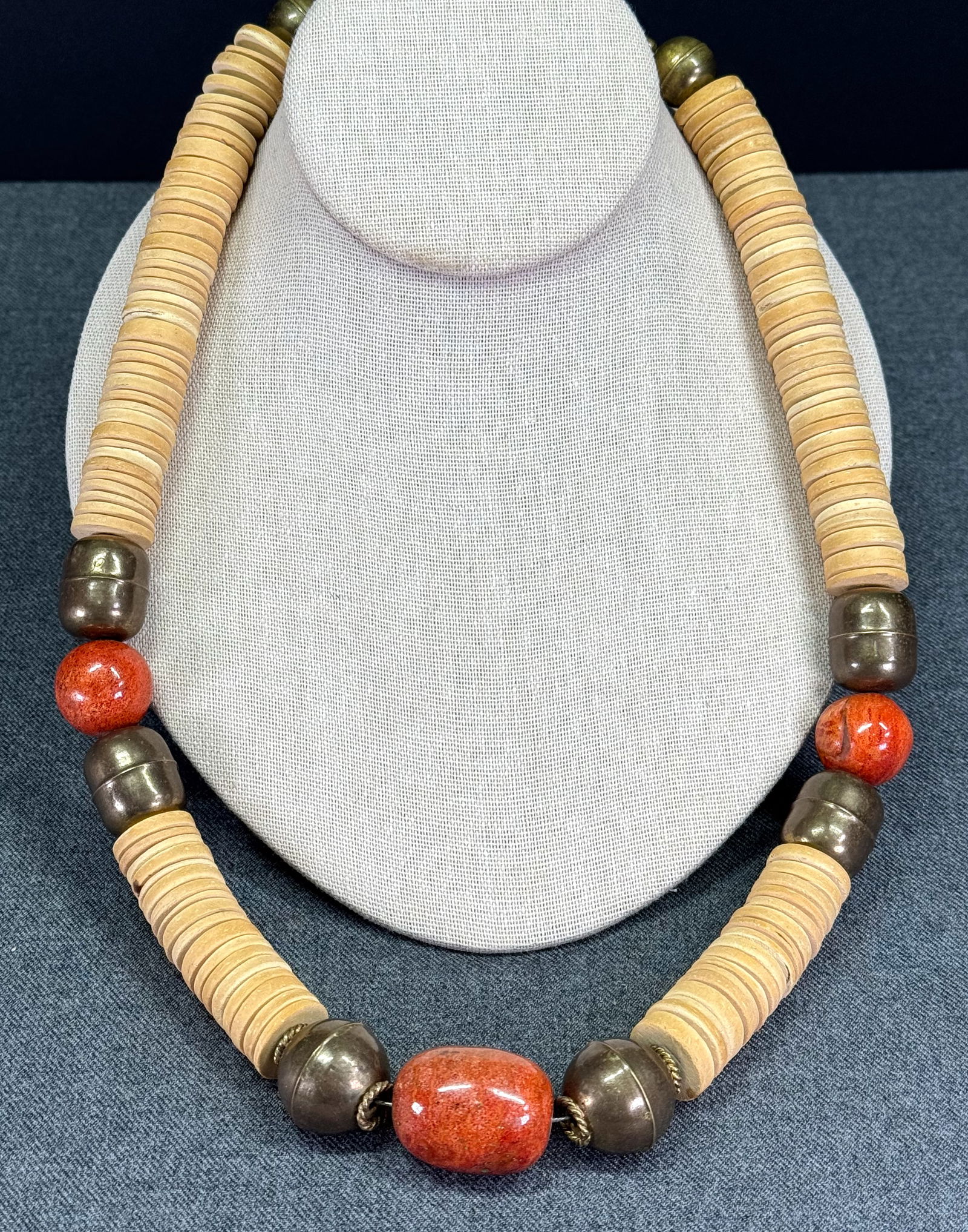 Vintage tribal style lacquered wood, bronze & coconut shell beads necklace. (1 of 6)