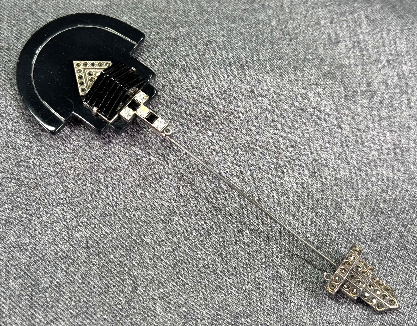 Vintage JPC? art deco marcasites, crystals, black celluloid sterling silver hat jabot pin (1 of 15)