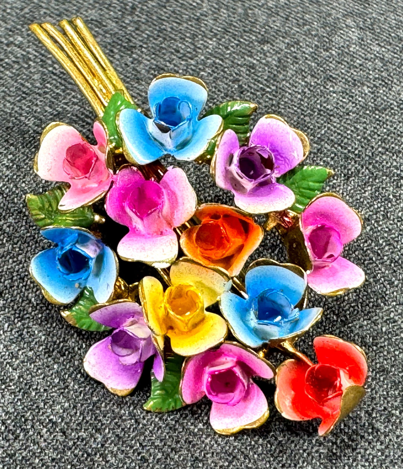Vintage Czech color enamel flowers bouquet goldtone pin brooch (1 of 8)