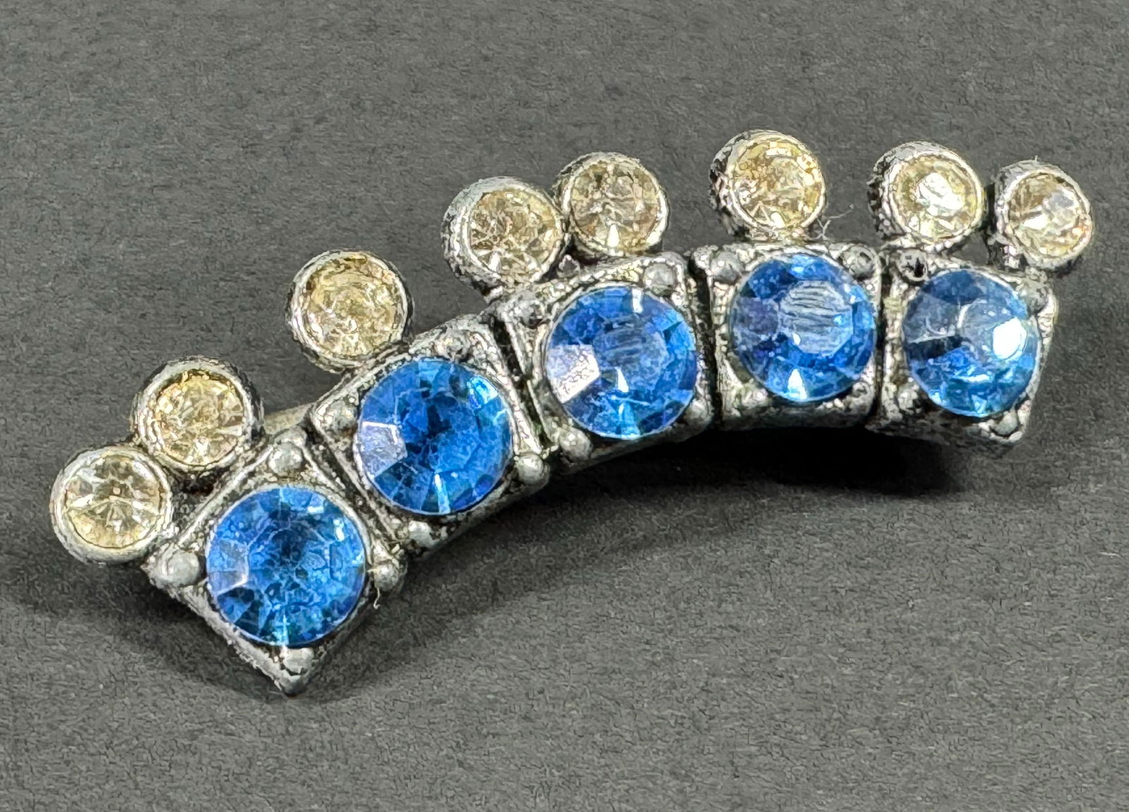 Vintage blue & clear rhinestones silvertone metal crown small pin brooch. (1 of 6)