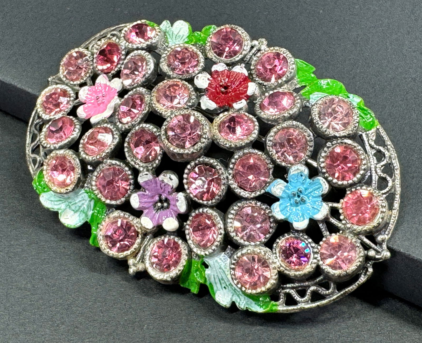 Vintage Little Nemo rose crystals enamel flowers silvertone pot metal pin brooch. (1 of 8)