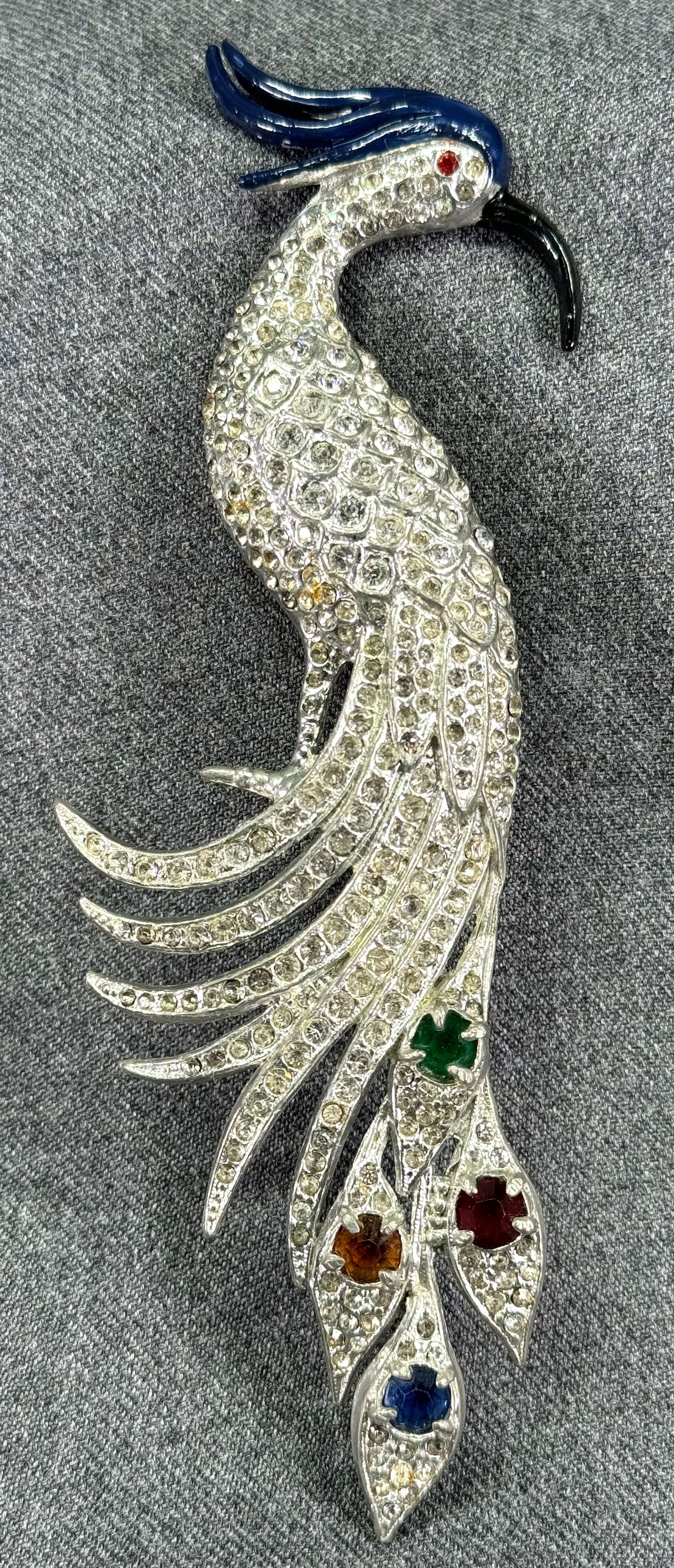 Vintage Boucher style color & clear rhinestones pot metal huge peacock pin brooch. (1 of 10)