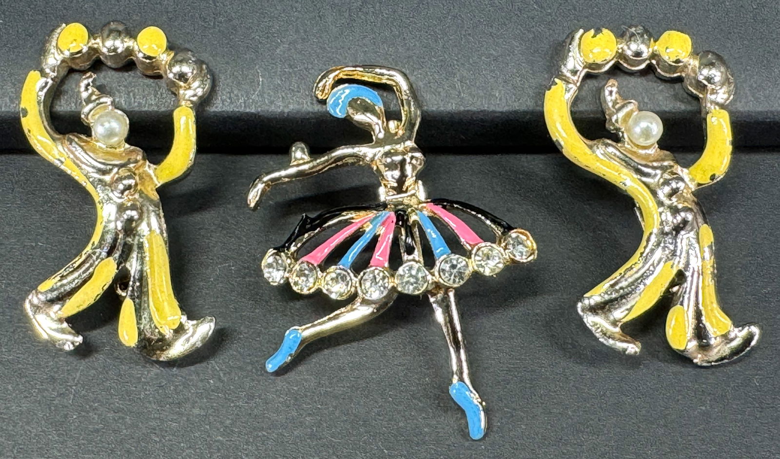 Vintage jeweled enamel goldtone metal ballet dancer & two clowns pin brooches (1 of 8)
