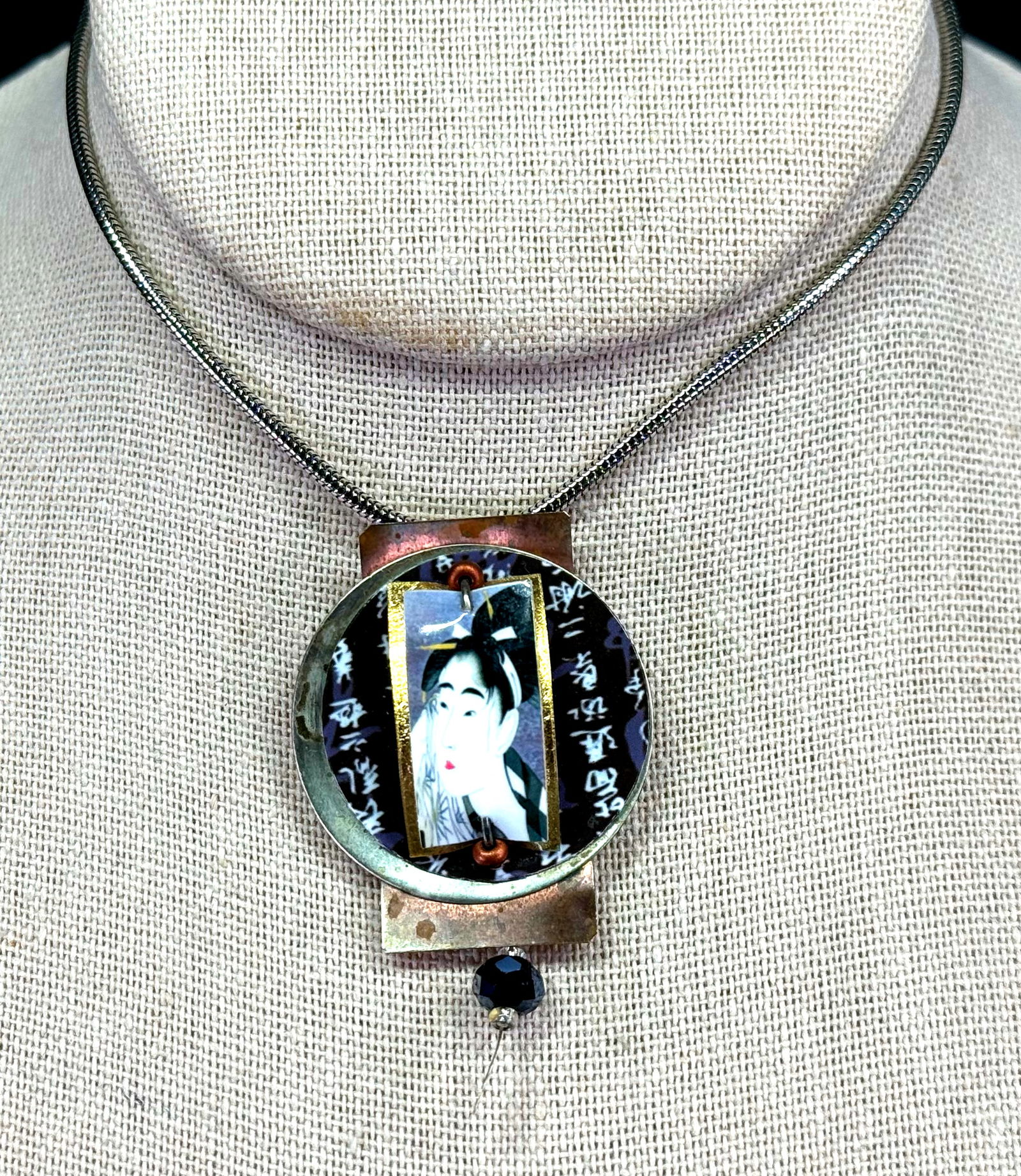 Vintage artsy print on paper, multi metals & crystal chinese woman pendant choker necklace (1 of 9)