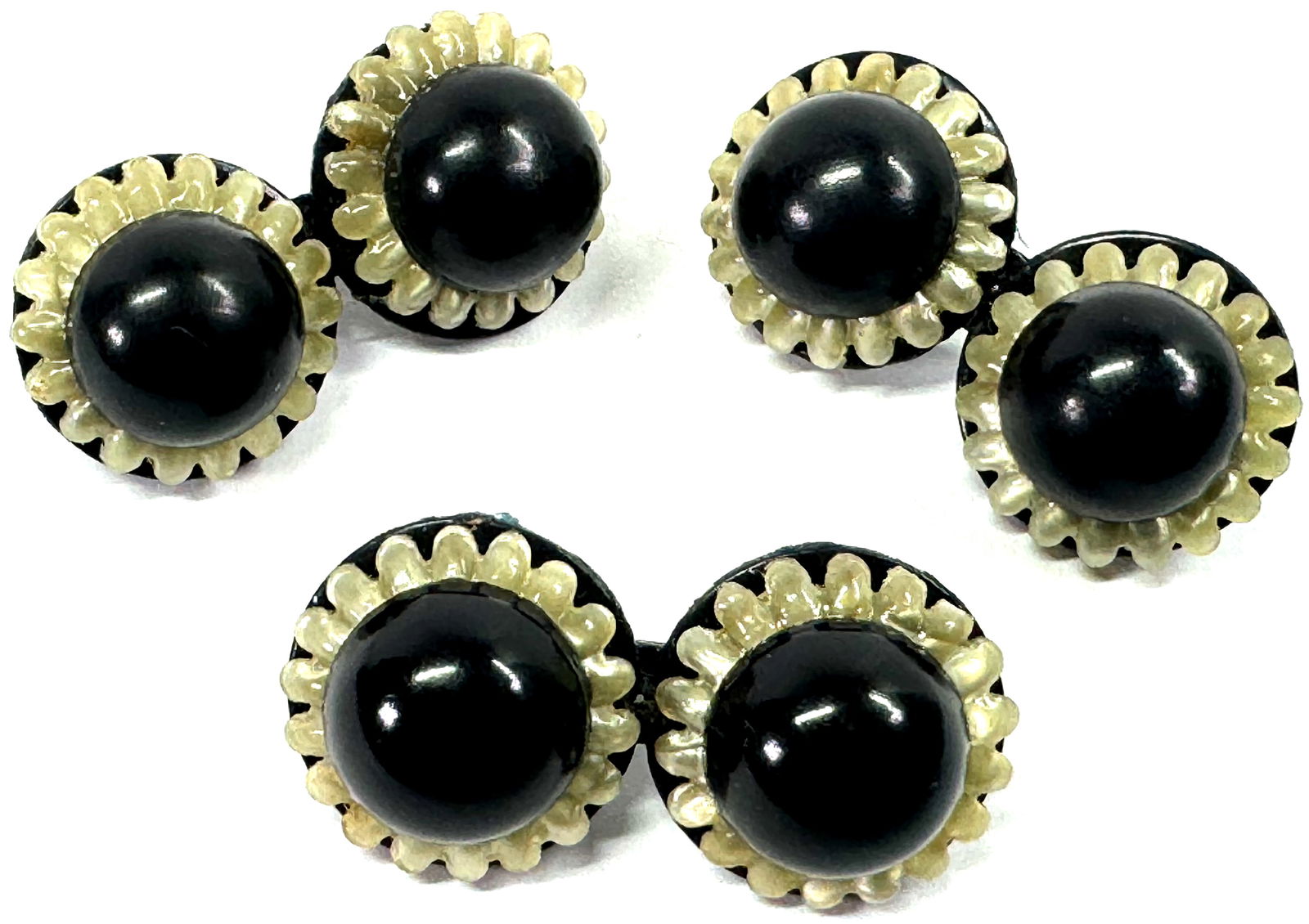 Vintage black & pearly celluloid flowers pin brooches. Lot of 3 (1 of 7)