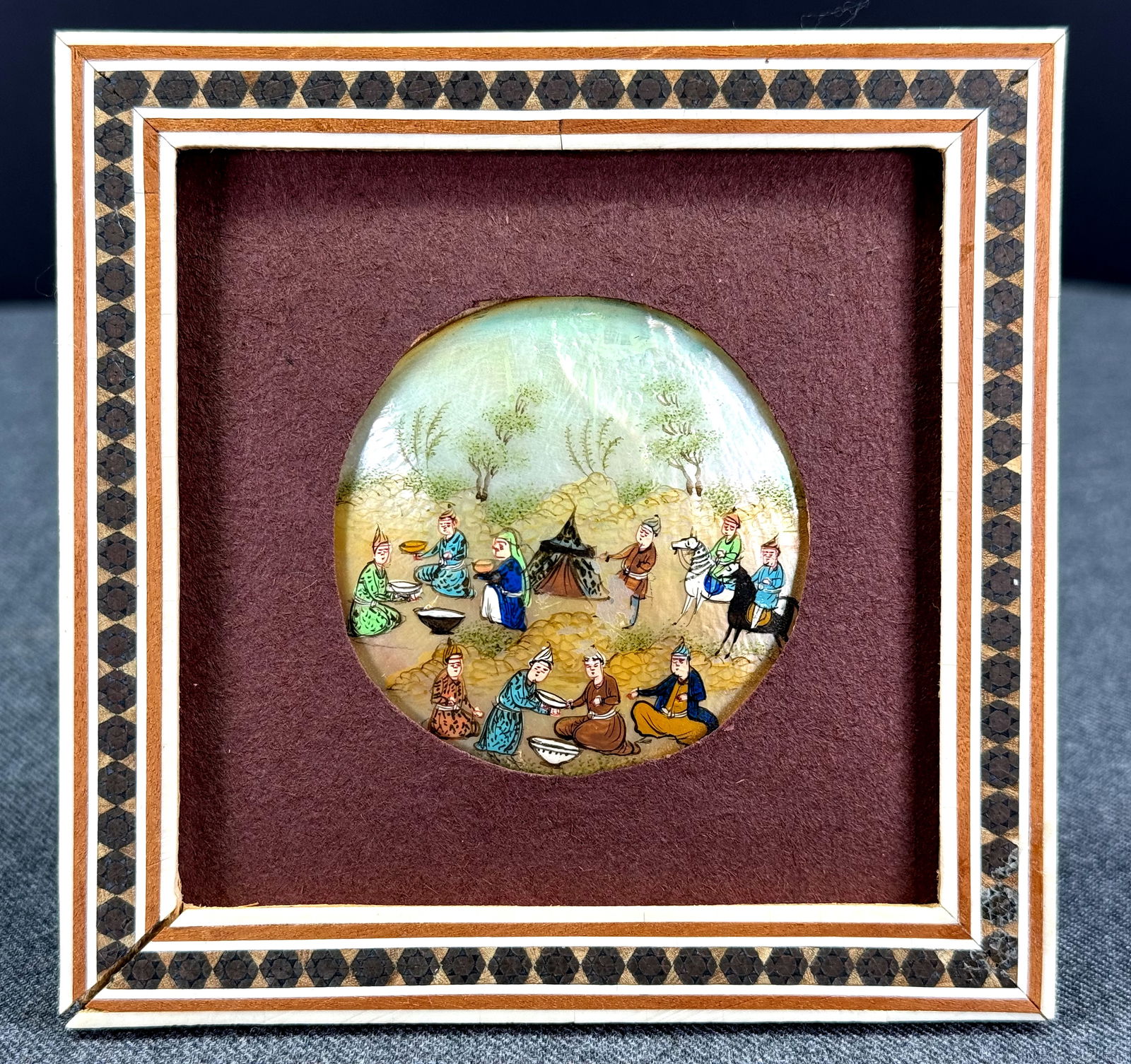 Vintage Khatam Framed Persian Figural Scene Miniature Painting on Mother of Pearl (1 of 11)