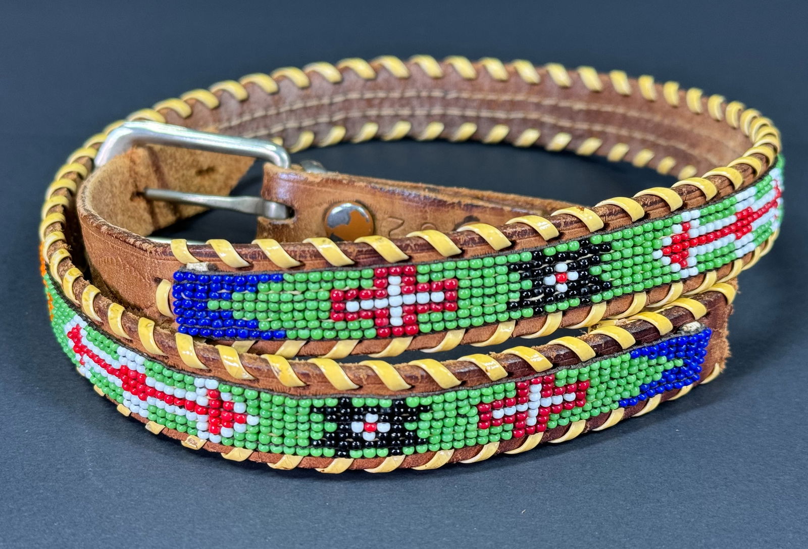Vintage southwestern thunderbird design beaded leather belt. (1 of 13)
