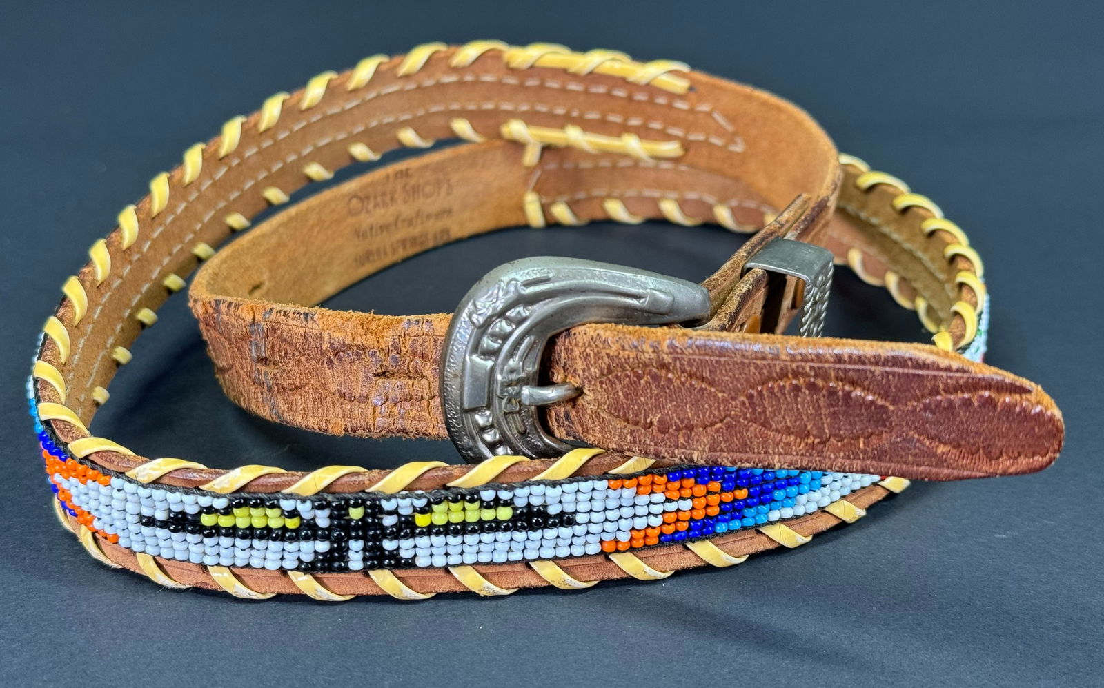 Vintage The Ozark Shop Native Craftwork Eureka Springs Ark thunderbird design beaded leather belt. (1 of 12)
