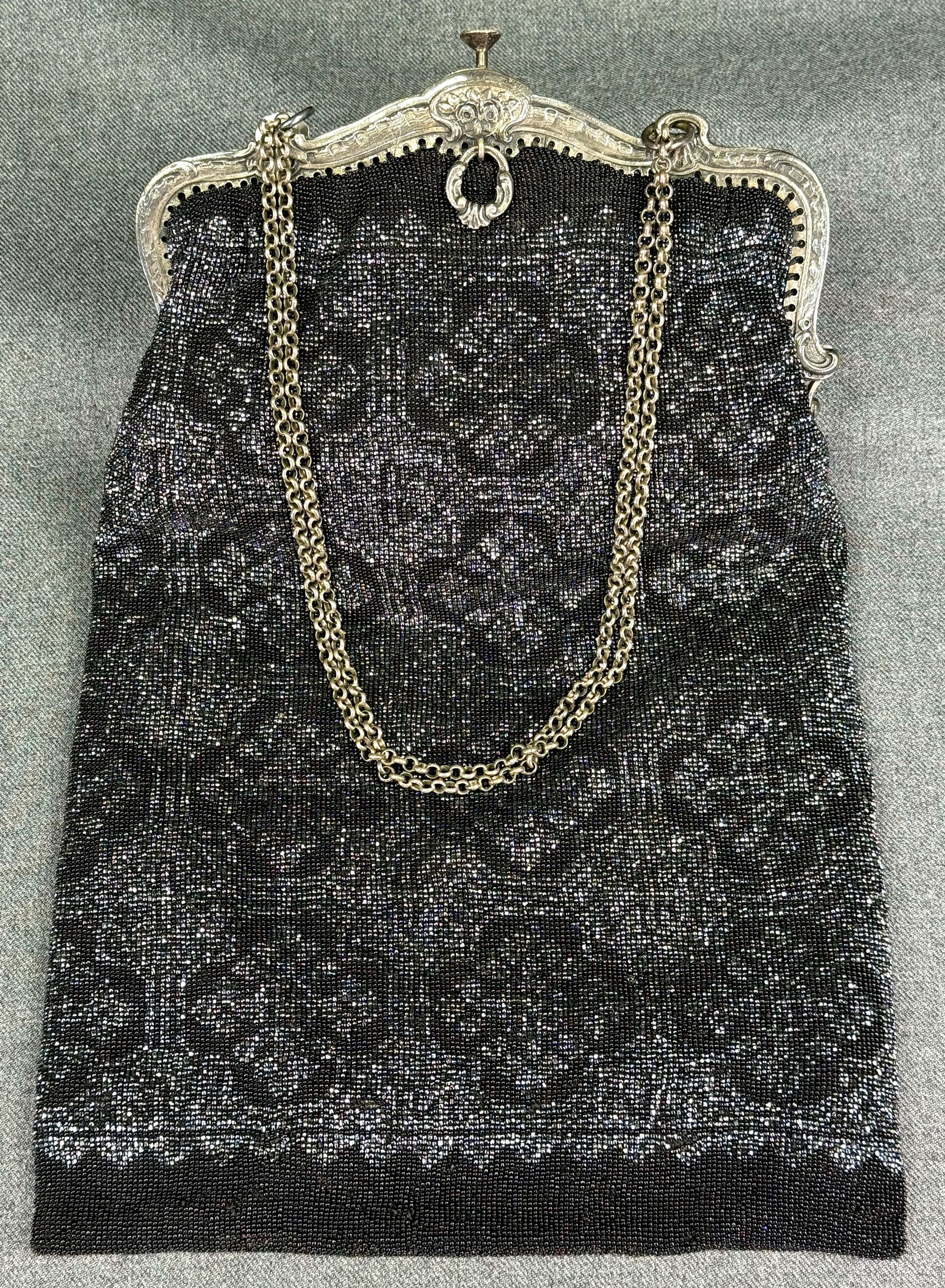 Antique French sterling decorated frame, silver & black micro beaded purse bag (1 of 20)