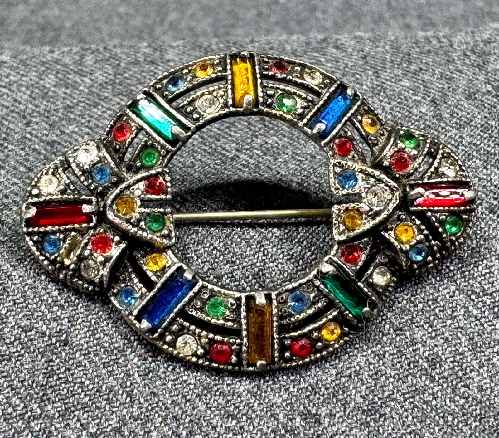 Antique Czech art deco color rhinestones pot metal pin brooch (1 of 7)