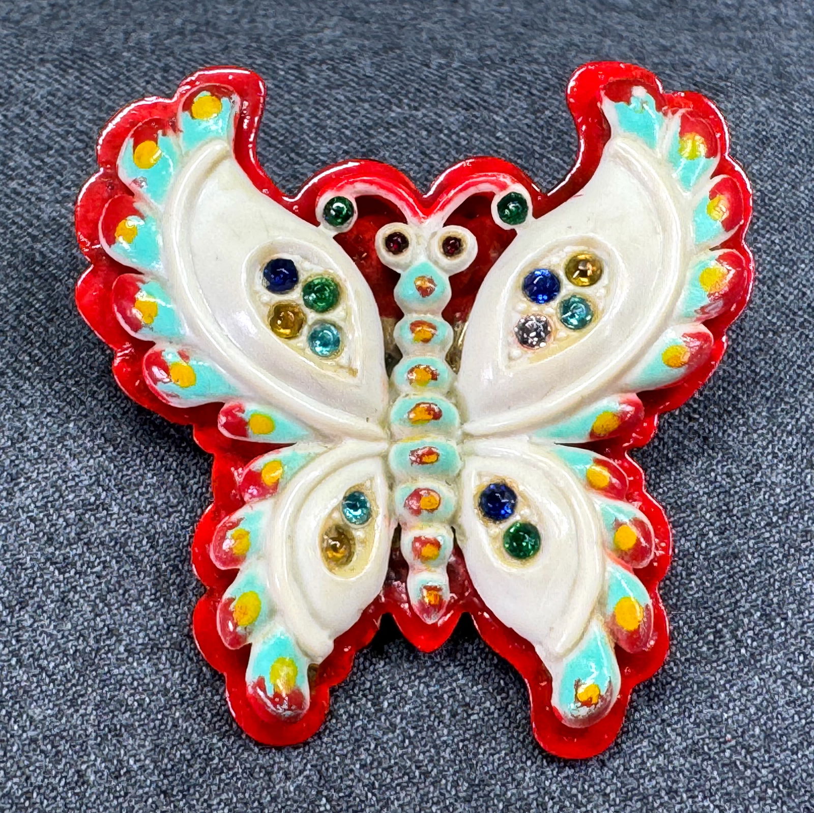 Vintage French colors rhinestones painted celluloid with brass backing butterfly pin brooch (1 of 7)