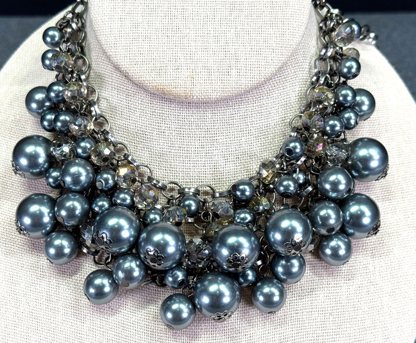 Gray pearly & faceted crystals dangles black metal mesh collar bib necklace (1 of 8)
